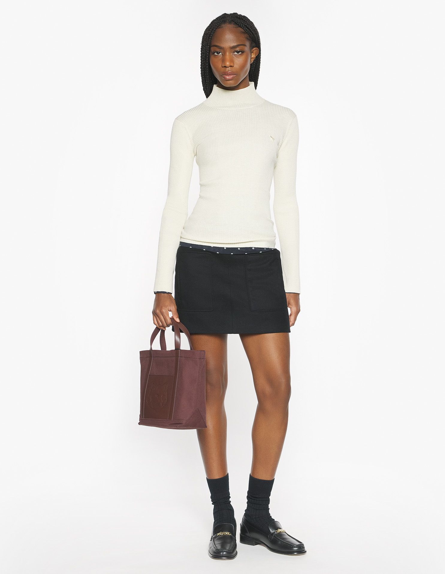 Maison Kitsuné - Áo jumper nữ len mảnh cổ lọ có gân BABY FOX dáng Fitted