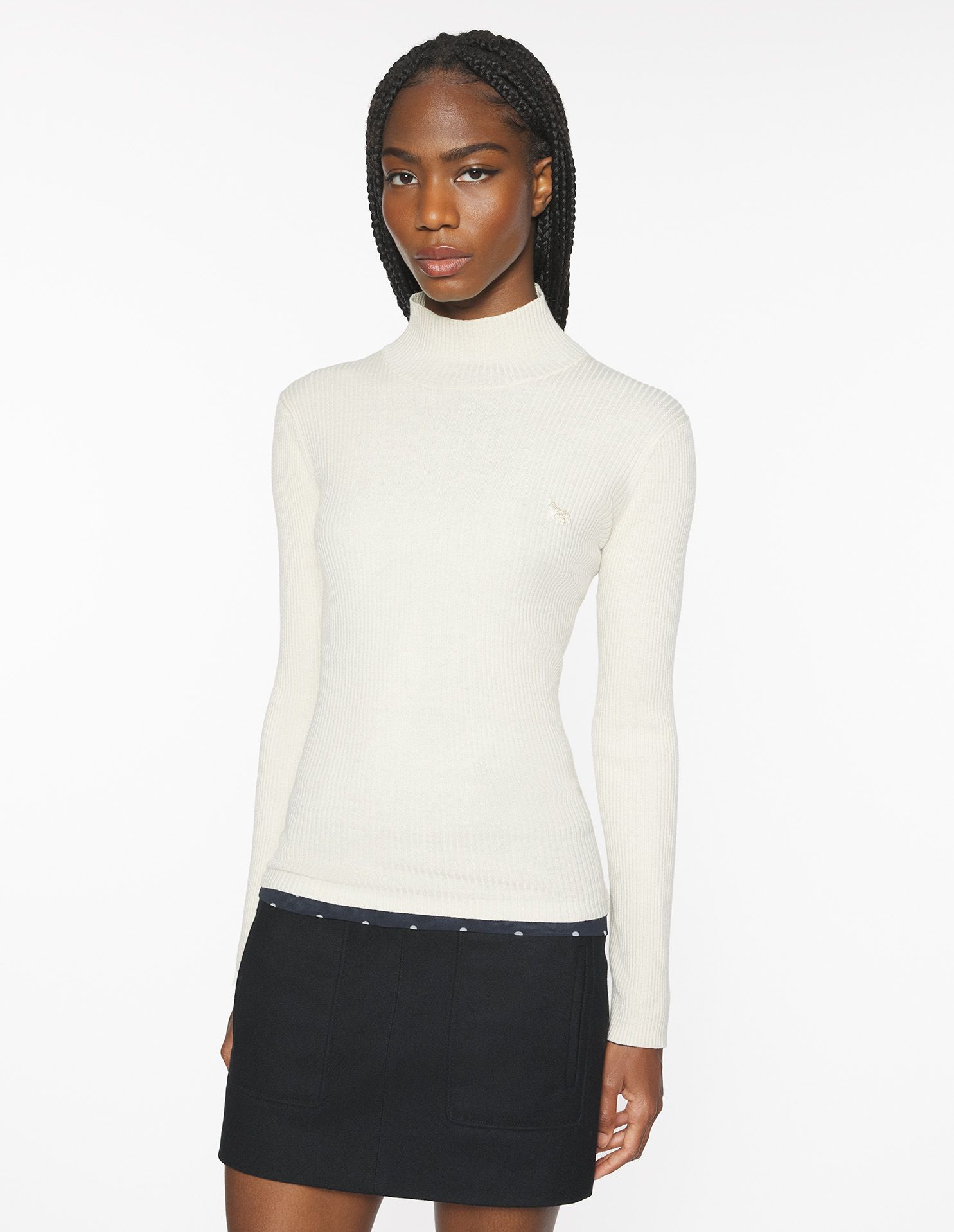 Maison Kitsuné - Áo jumper nữ len mảnh cổ lọ có gân BABY FOX dáng Fitted