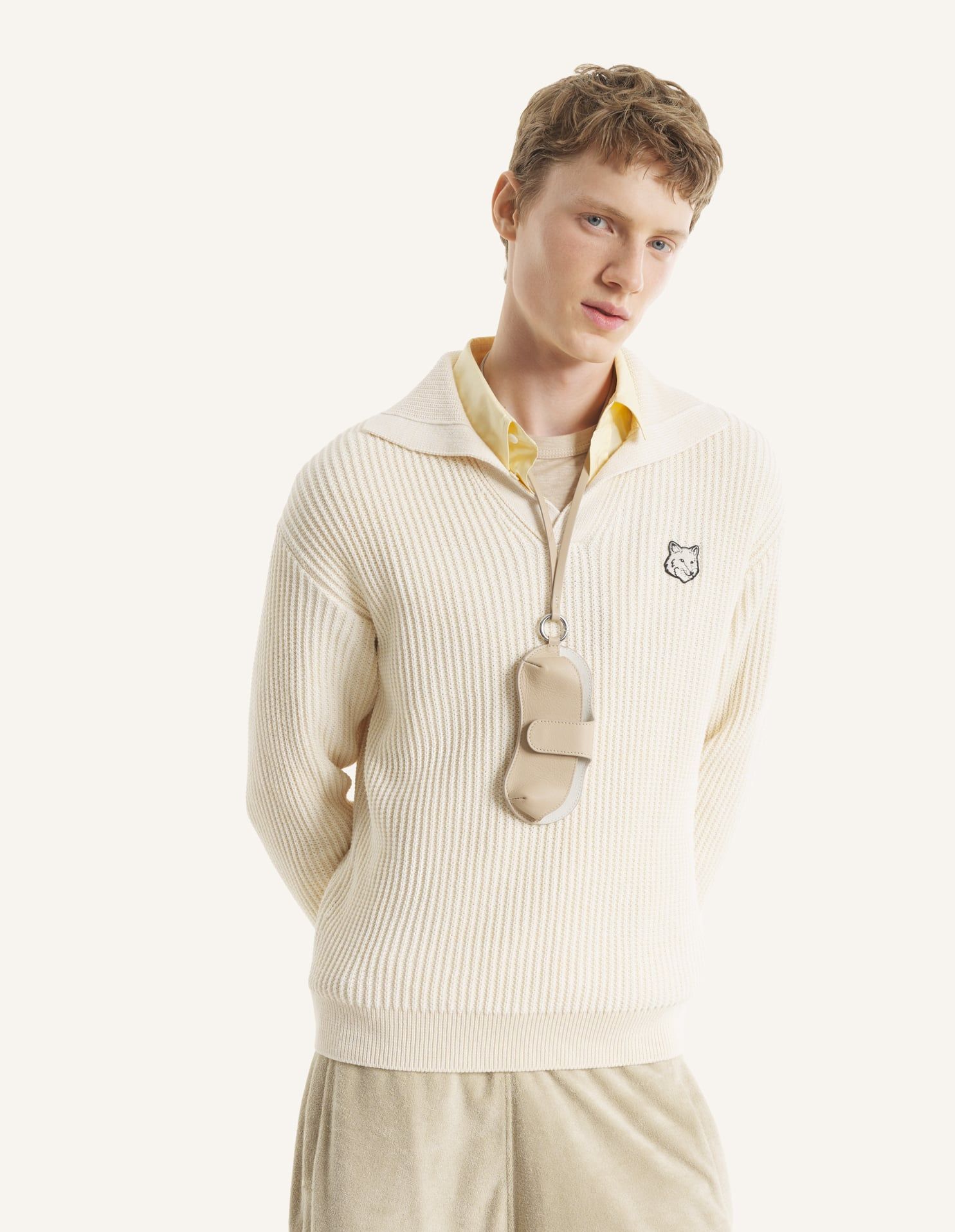 Maison Kitsuné - Áo nỉ polo nam cotton gân Fox Head dáng Comfort