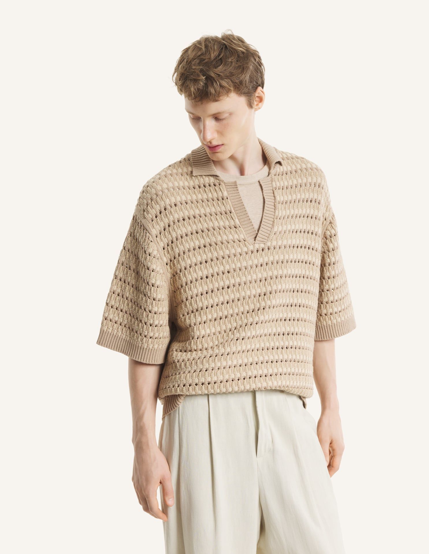 Áo polo nam dệt kim kiểu rổ đan dáng Oversize