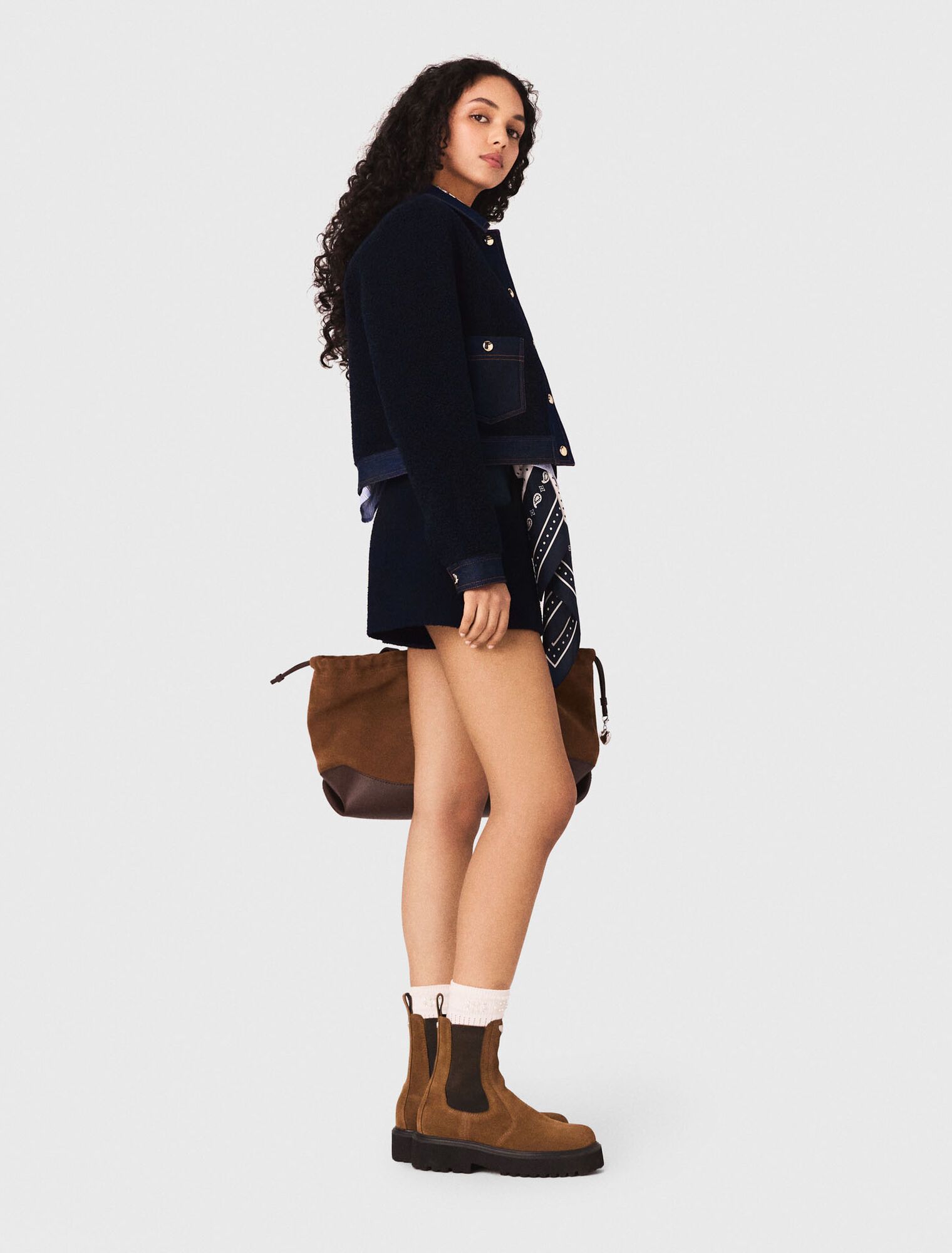 Maje - Áo khoác Bouclé chi tiết denim