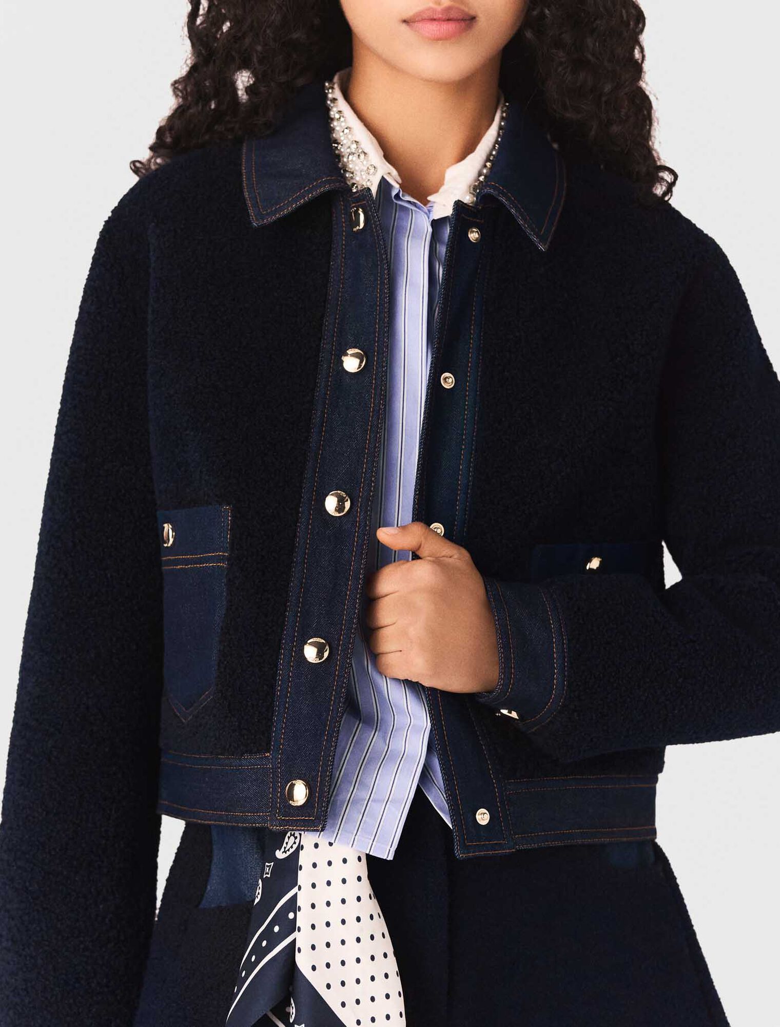 Maje - Áo khoác Bouclé chi tiết denim
