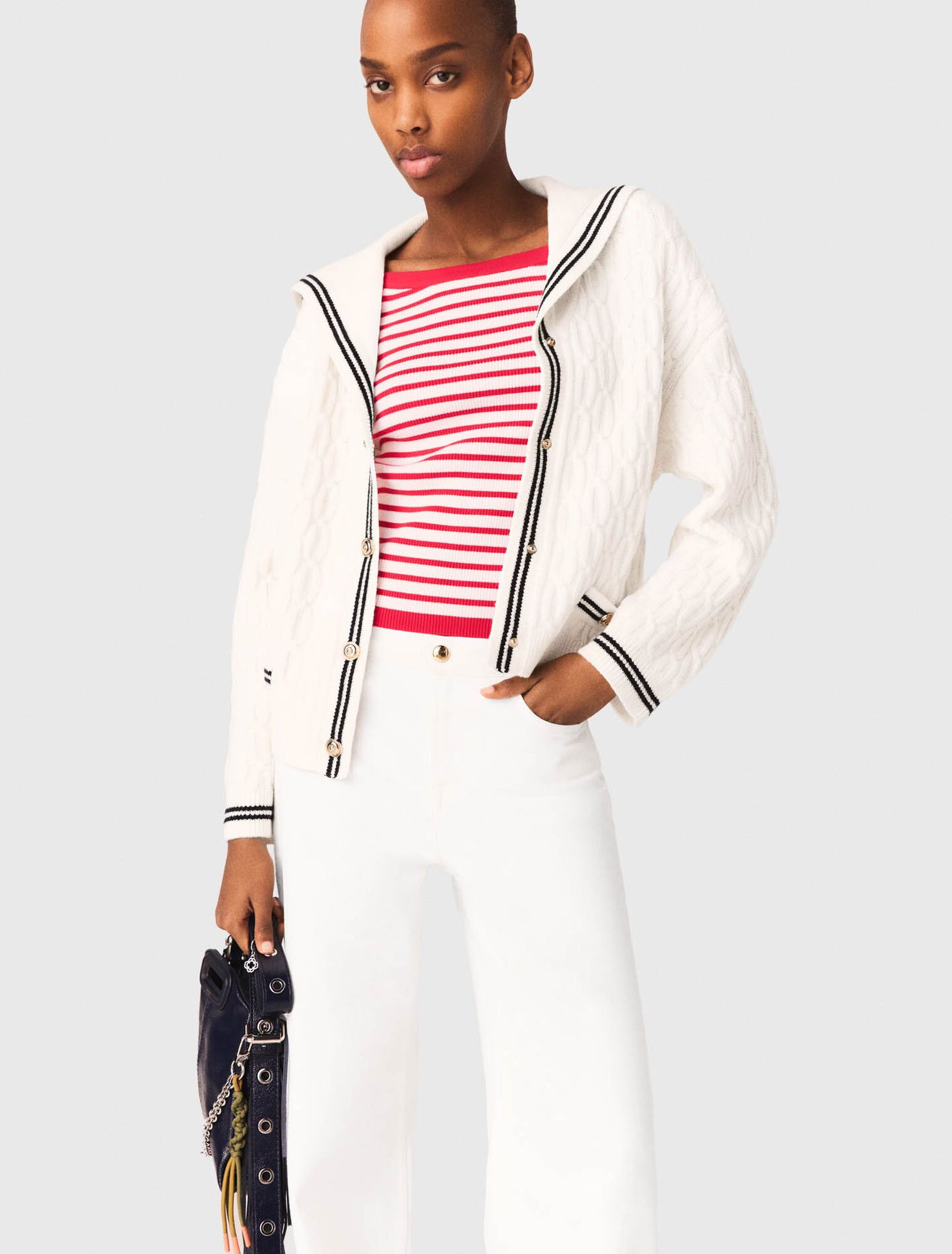 Maje - Áo len cardigan dệt kim cổ thuyền