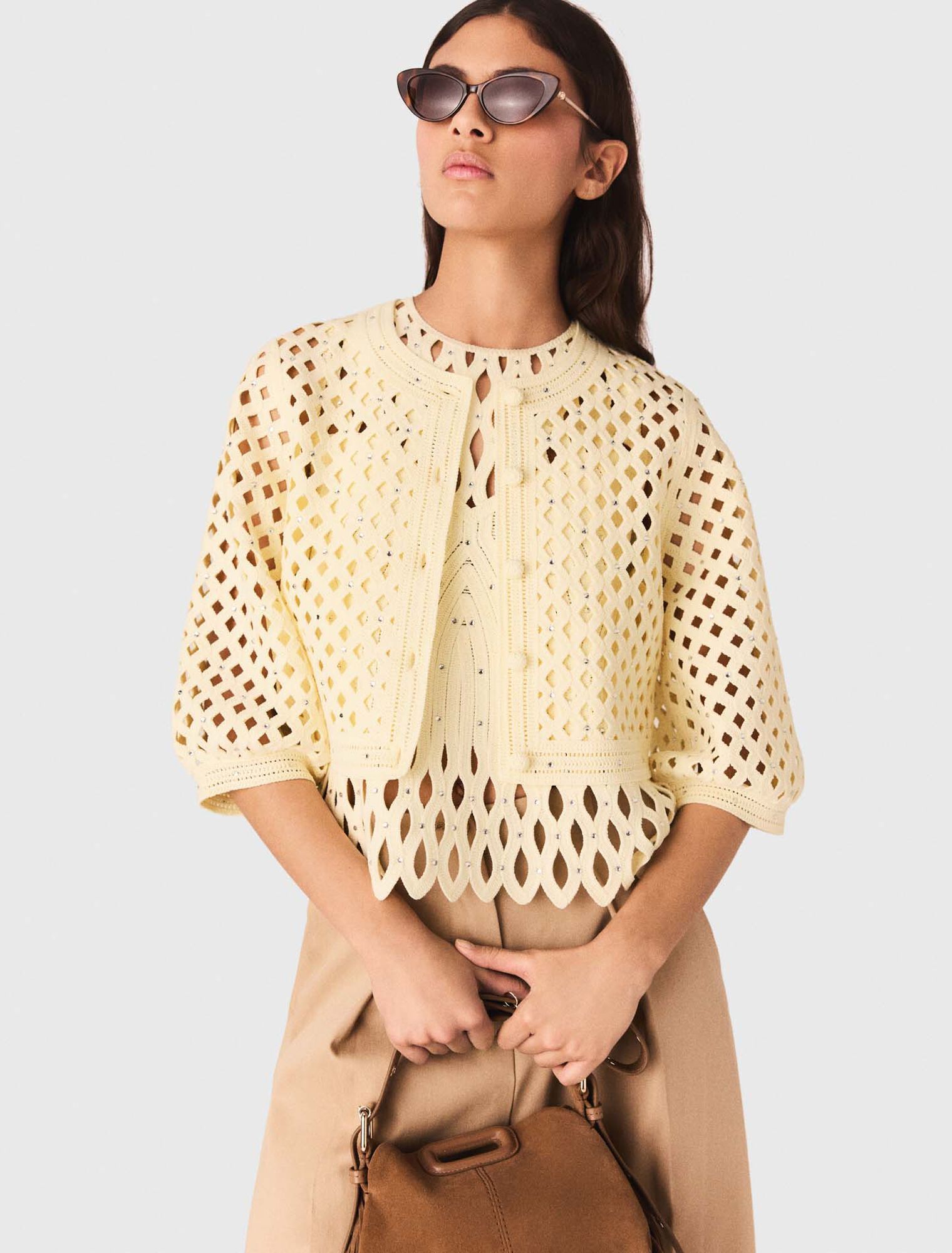 Maje - Áo khoác cardigan móc len đính đá
