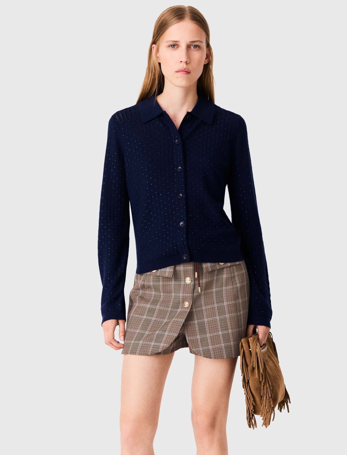 Maje - Áo cardigan cổ polo đính đá