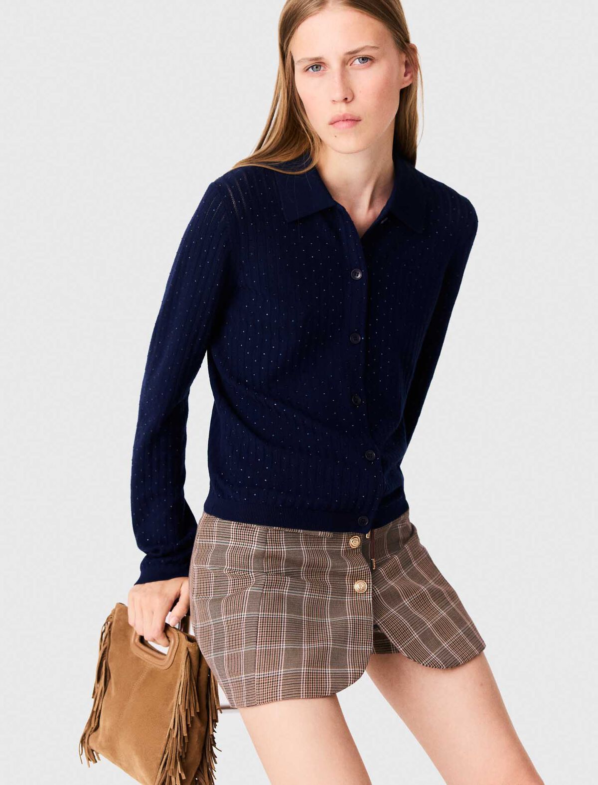 Maje - Áo cardigan cổ polo đính đá