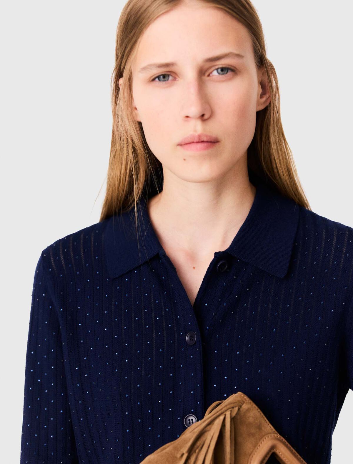 Maje - Áo cardigan cổ polo đính đá