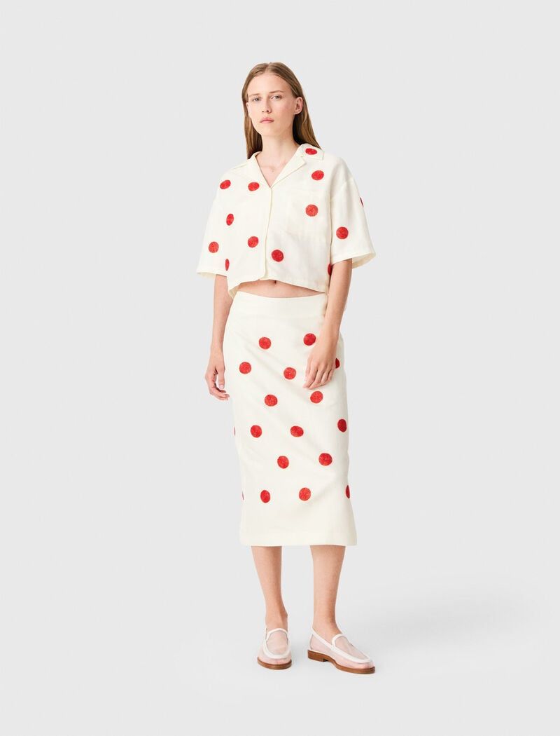 Áo sơ mi linen phối lụa thêu