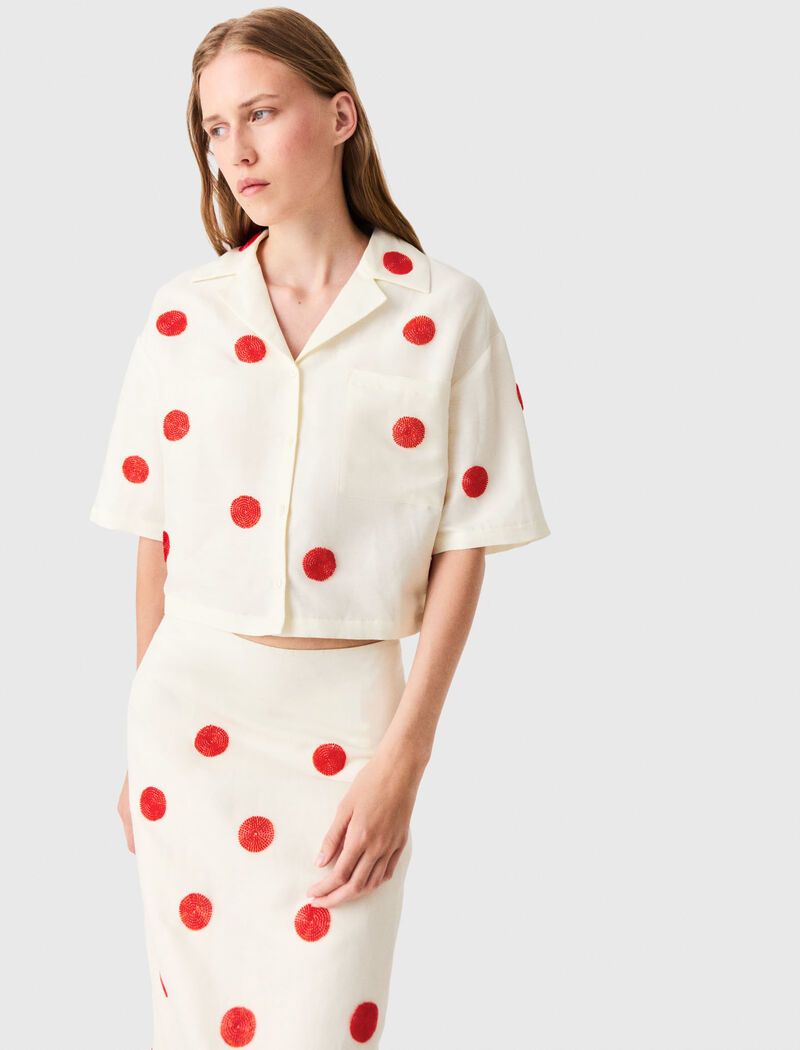 Áo sơ mi linen phối lụa thêu