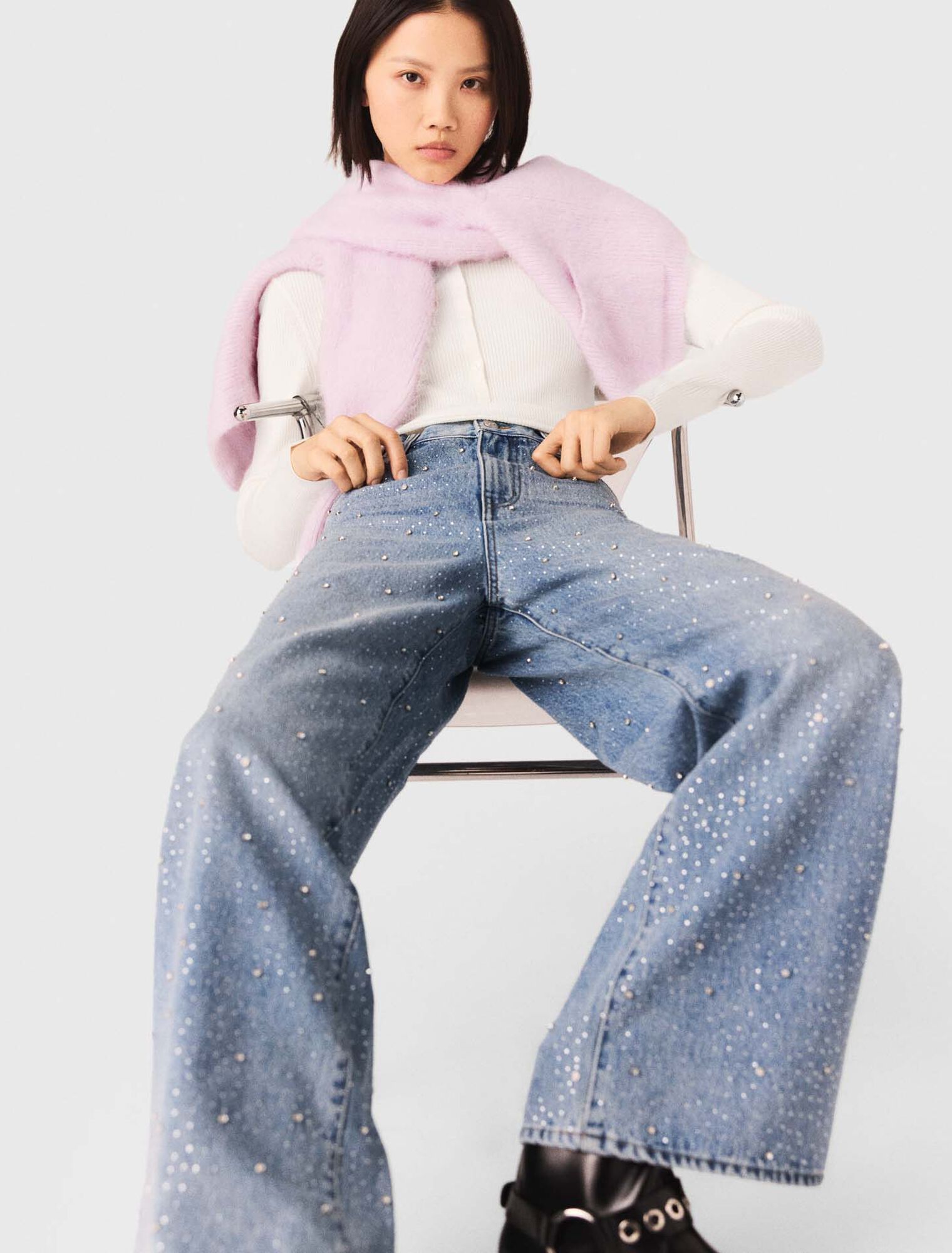 Maje - Quần jeans ống rộng đính đá lấp lánh