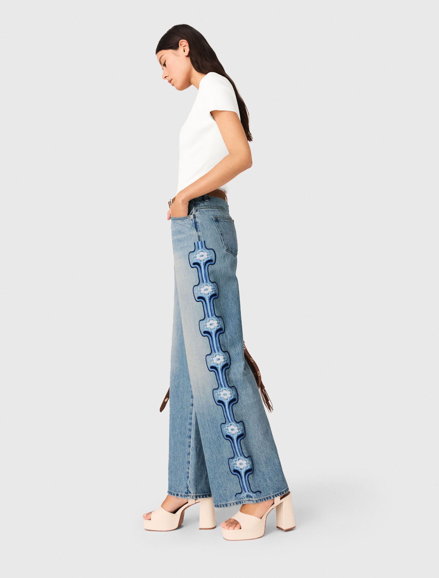 Maje - Quần jeans ống rộng thêu hoa