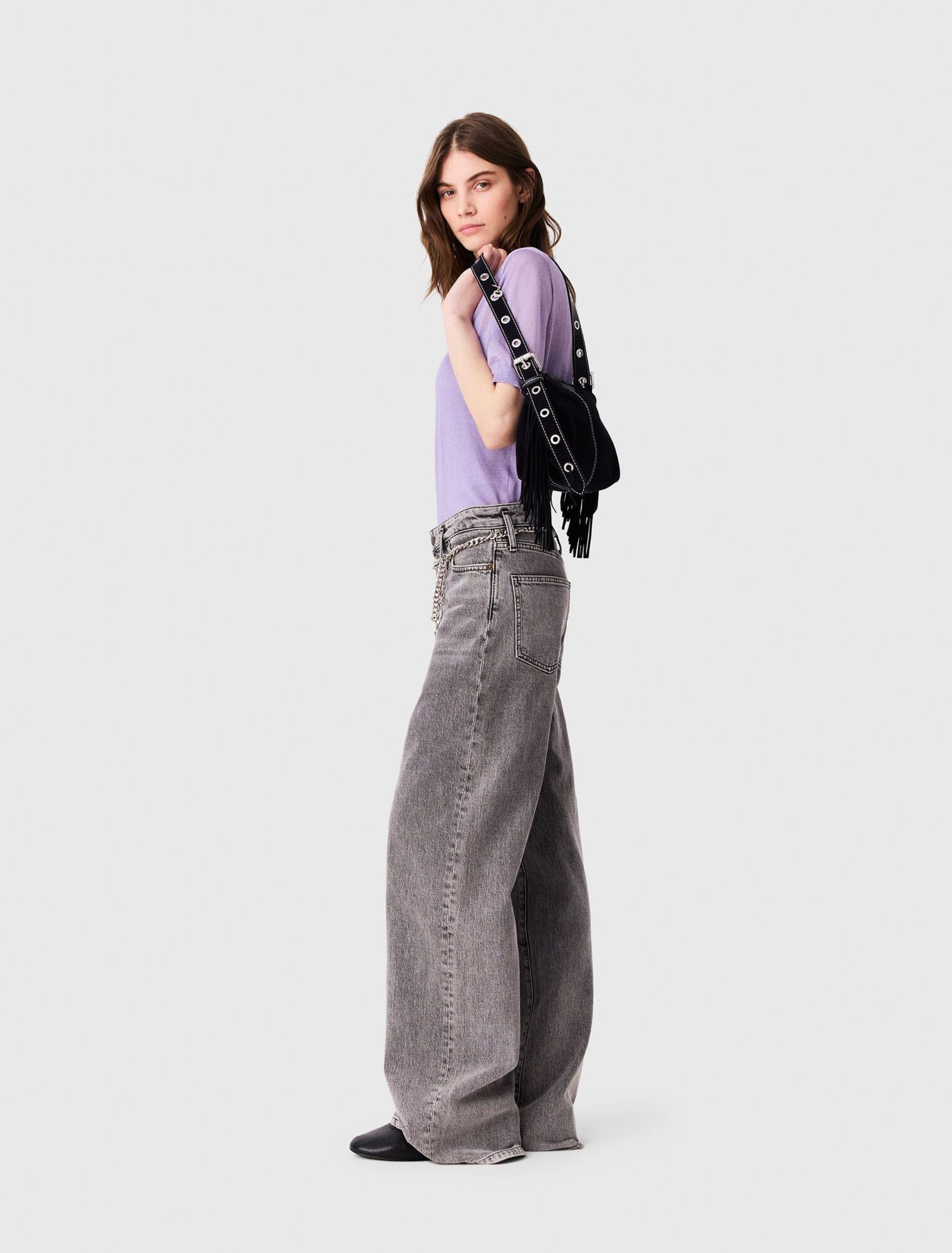Maje - Quần jeans ống rộng phối thắt lưng xích