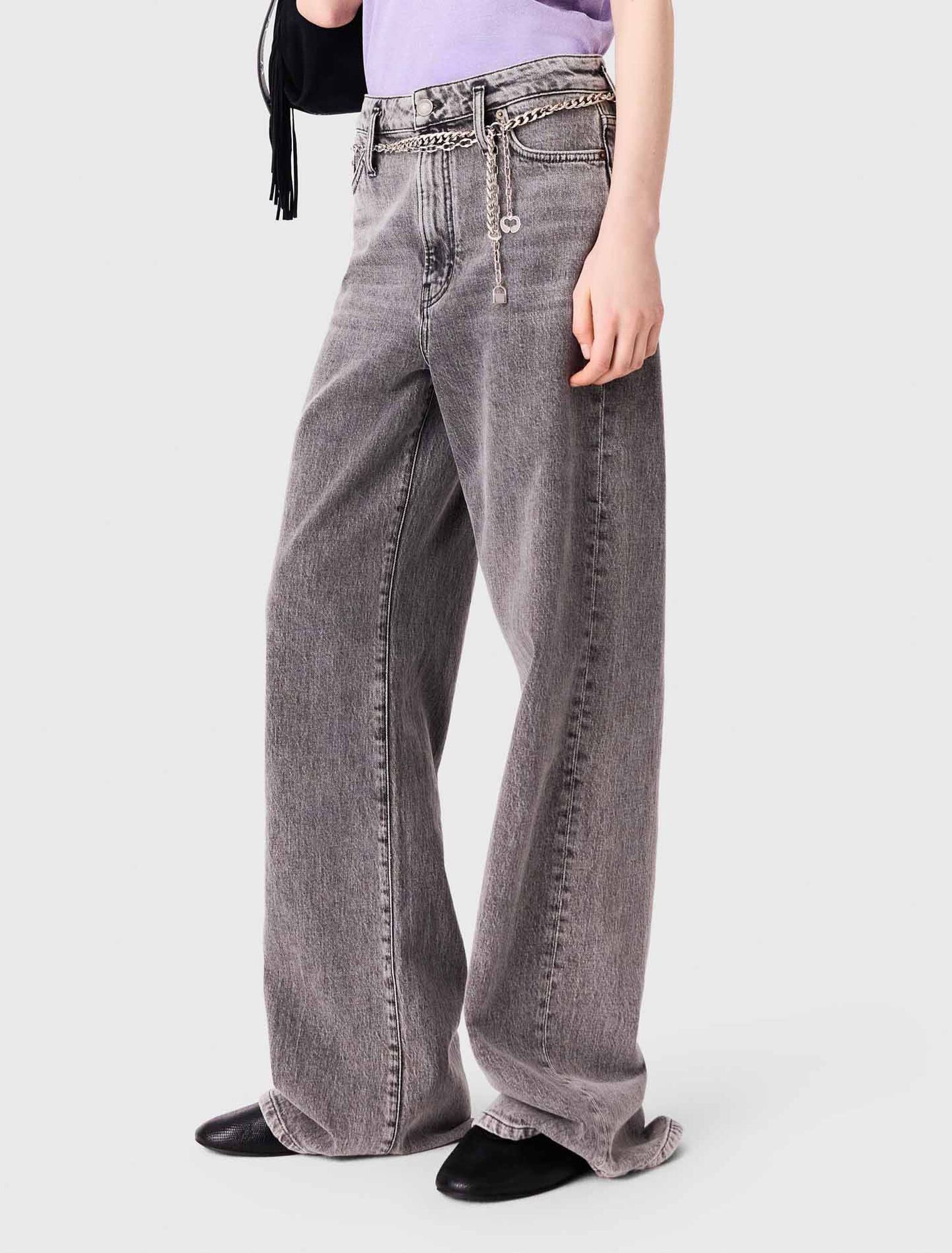 Maje - Quần jeans ống rộng phối thắt lưng xích