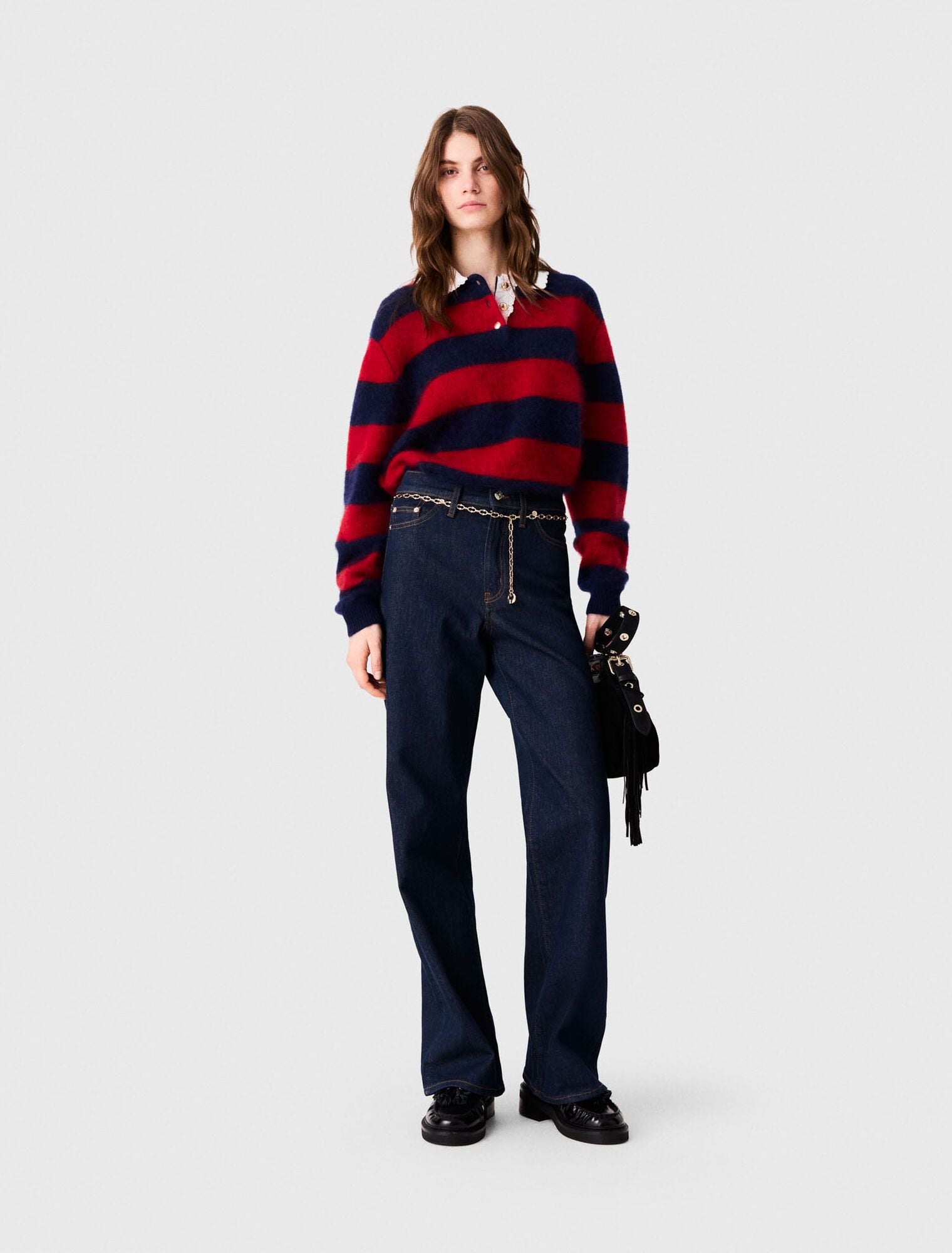 Quần jeans ống rộng kèm dây xích