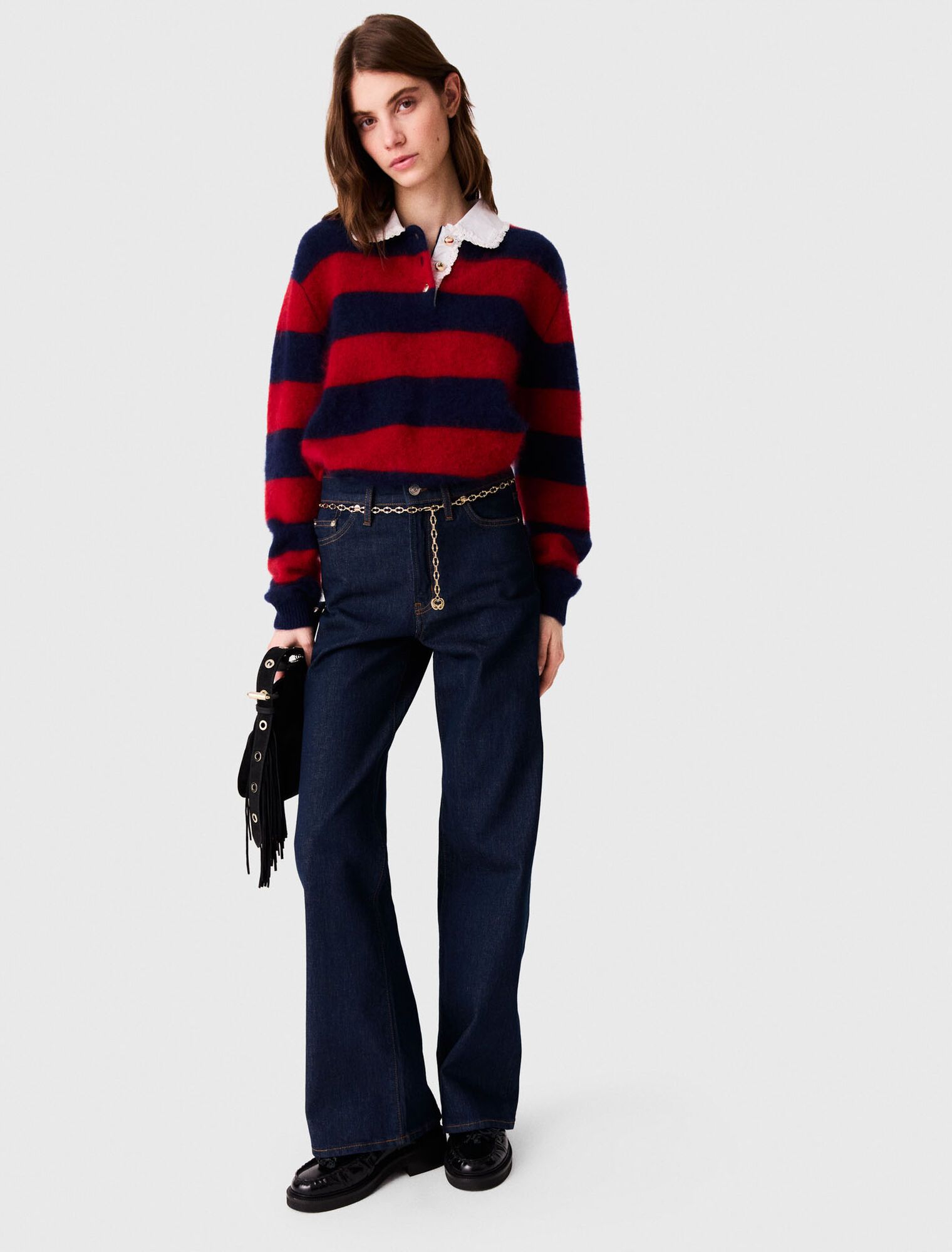 Quần jeans ống rộng kèm dây xích