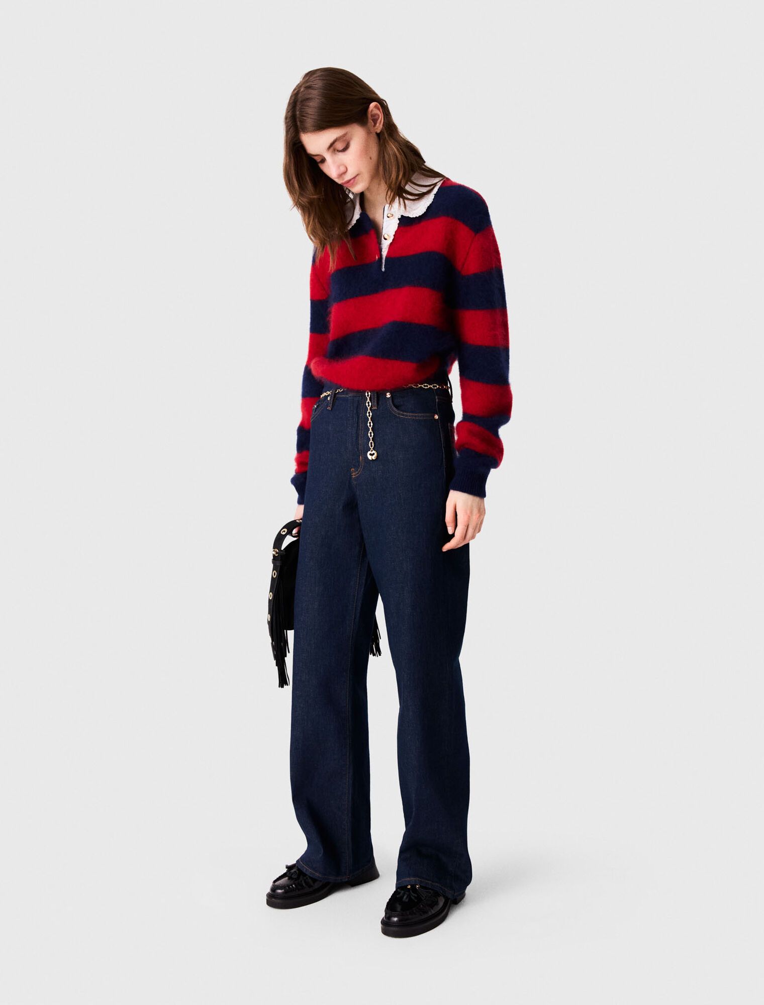 Quần jeans ống rộng kèm dây xích