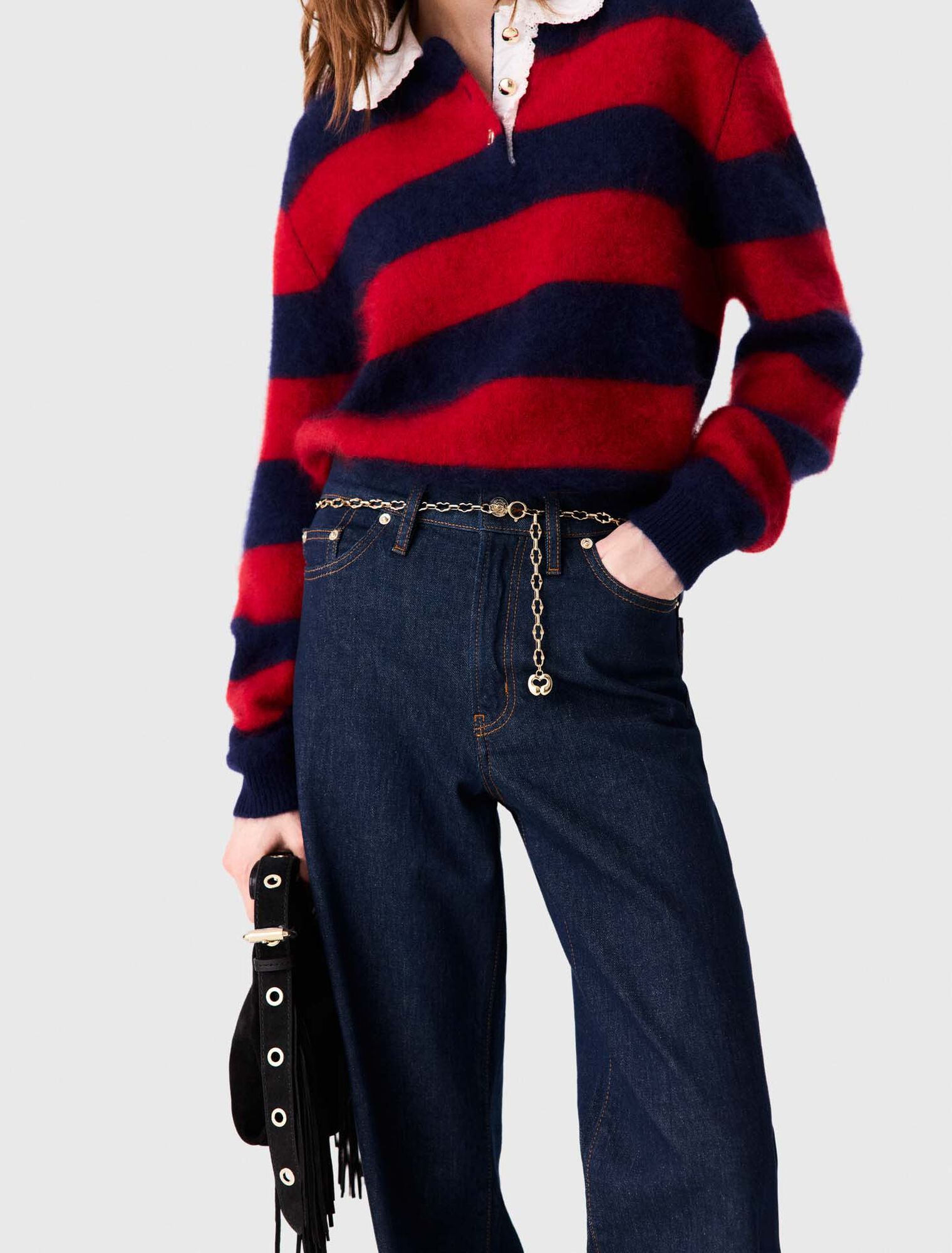 Quần jeans ống rộng kèm dây xích