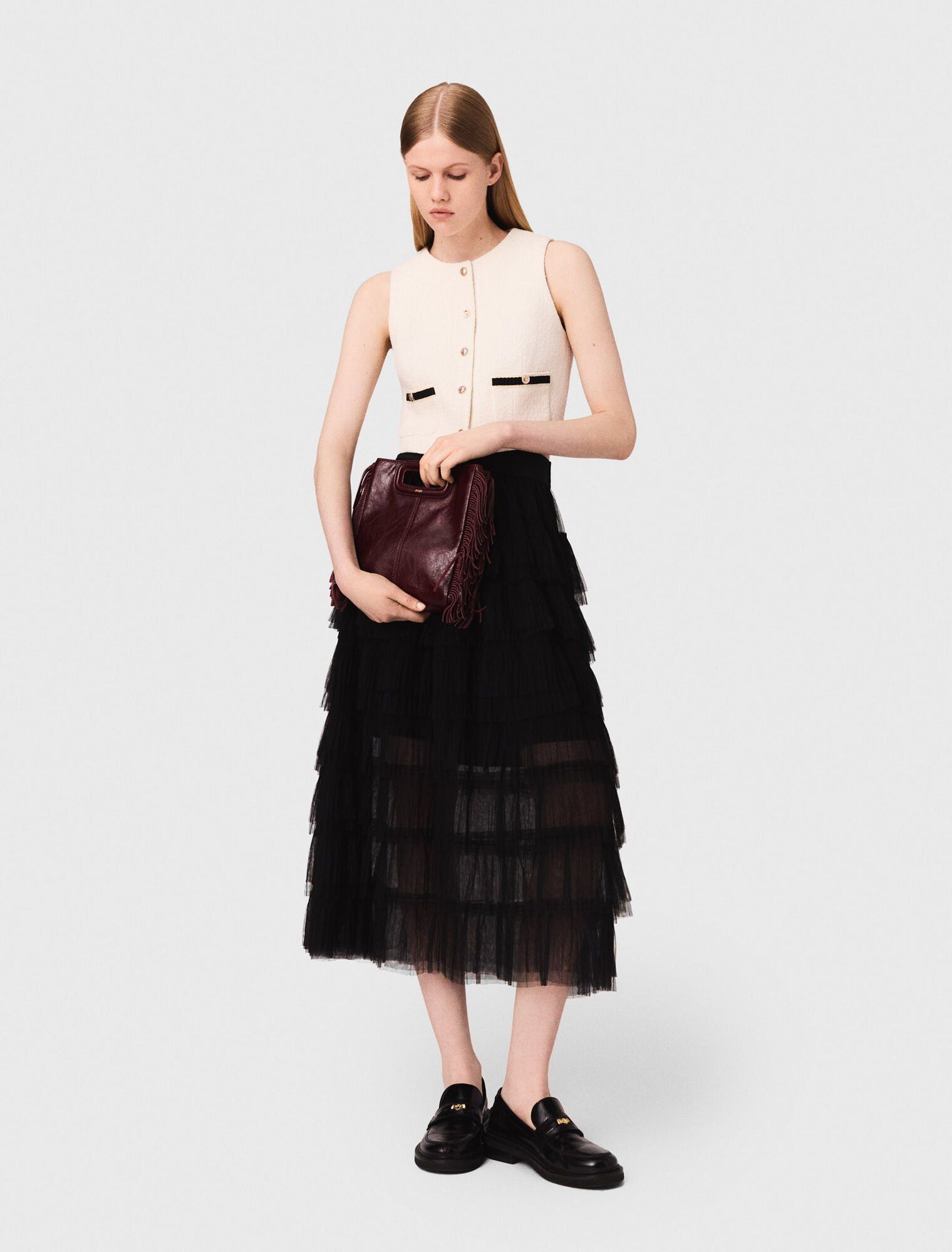 Maje - Chân váy midi tulle xếp tầng