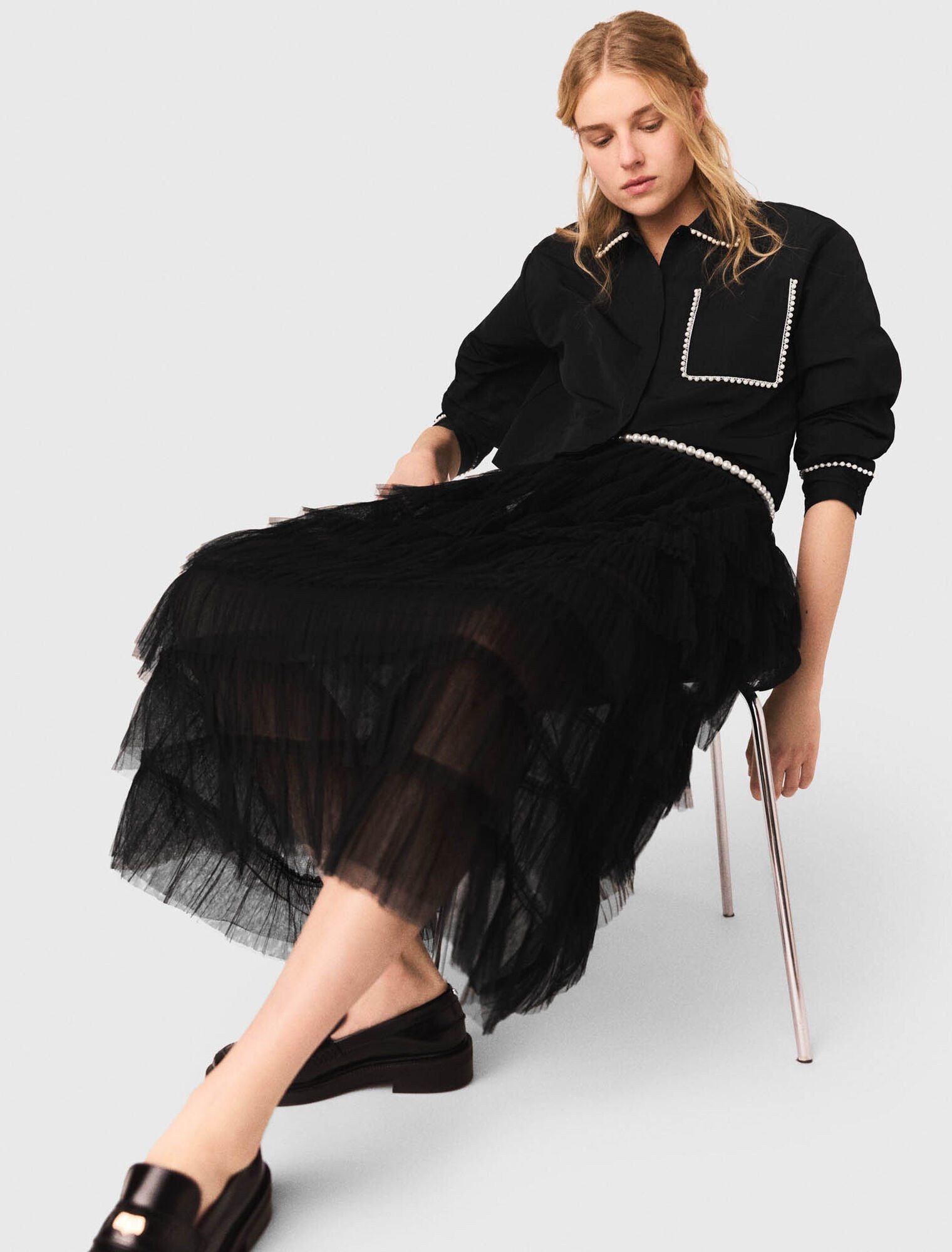 Maje - Chân váy midi tulle xếp tầng