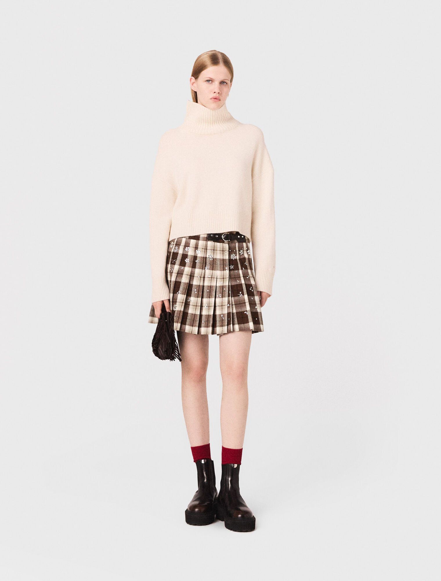 Maje - Chân váy kilt caro đính pha lê