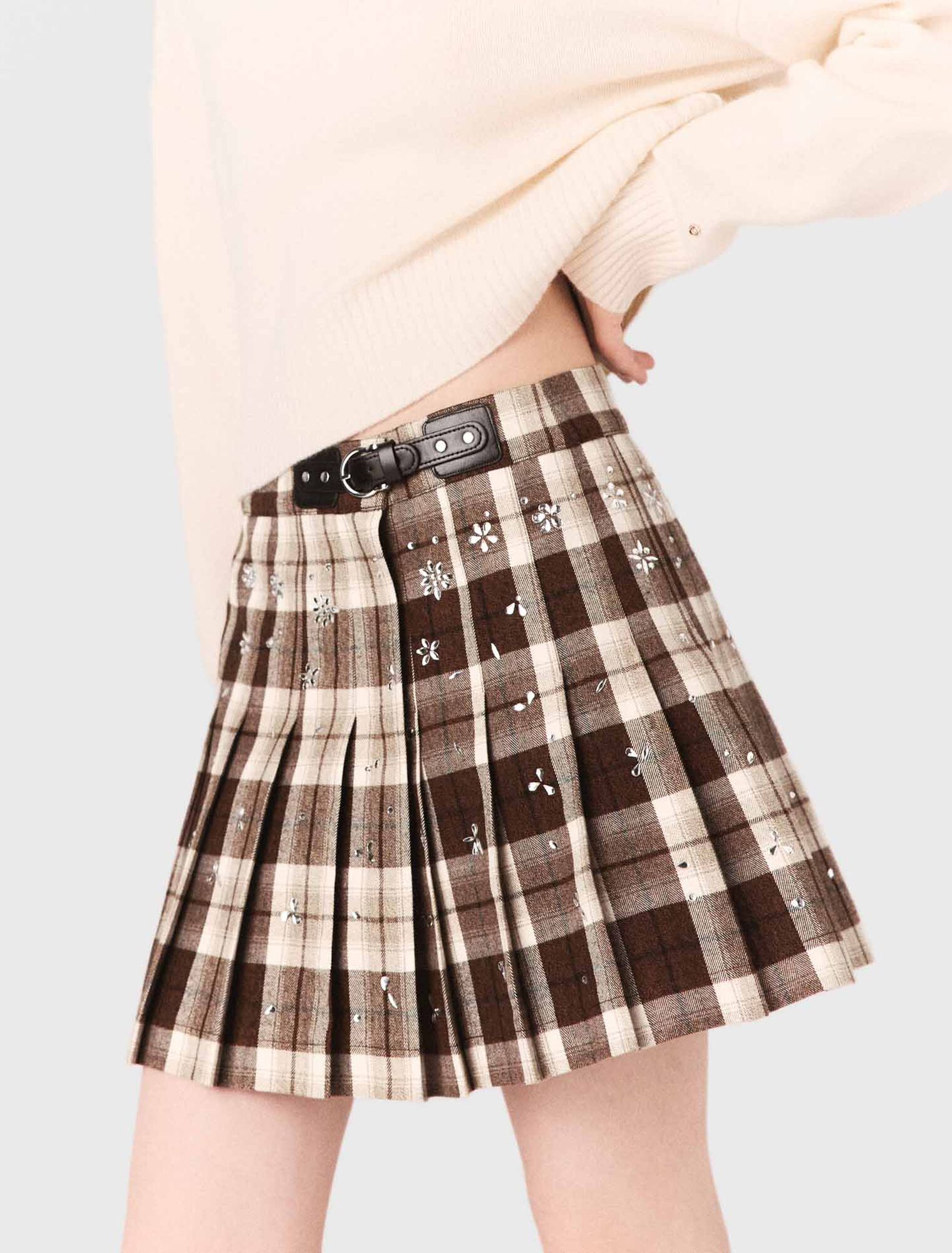 Maje - Chân váy kilt caro đính pha lê
