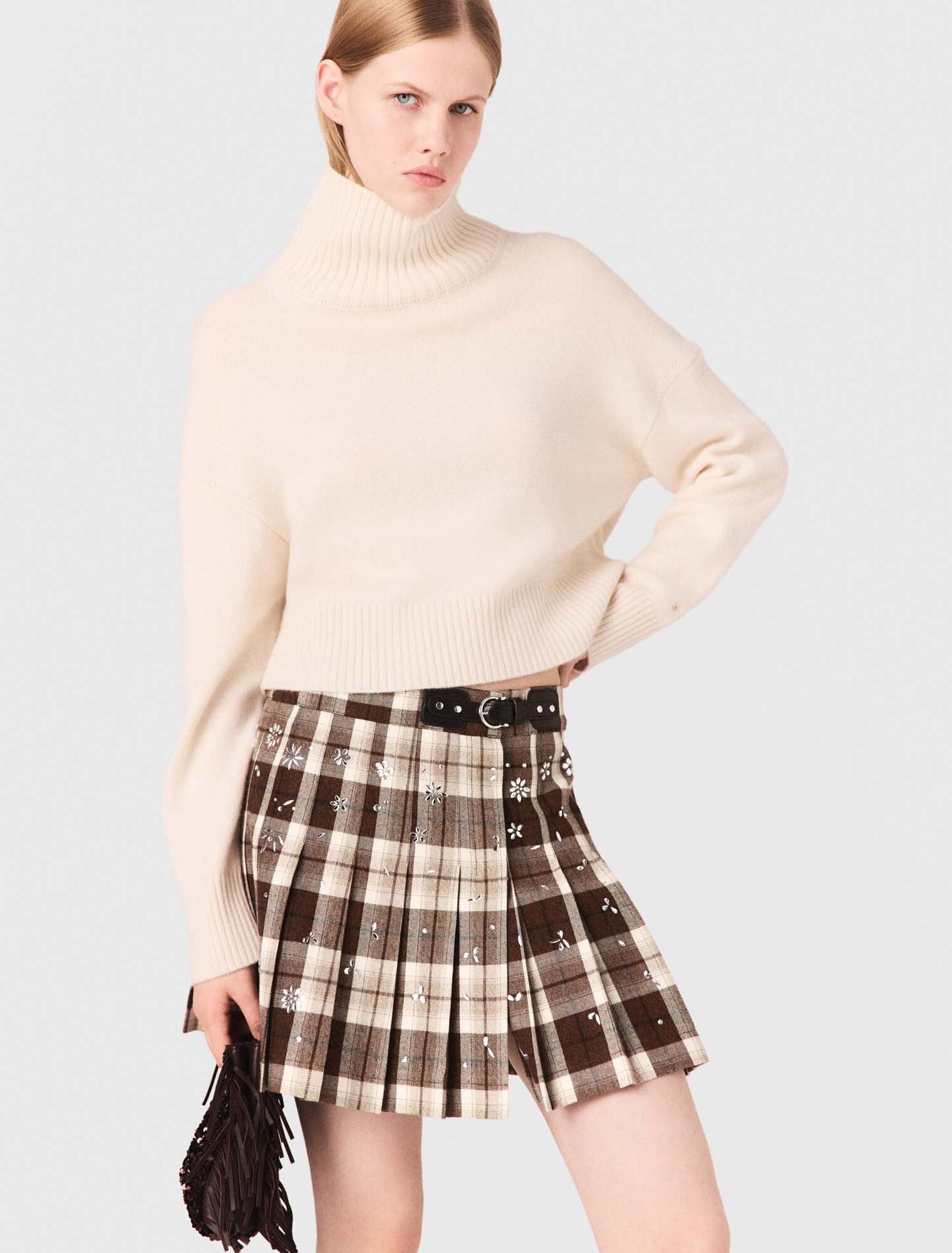 Maje - Chân váy kilt caro đính pha lê