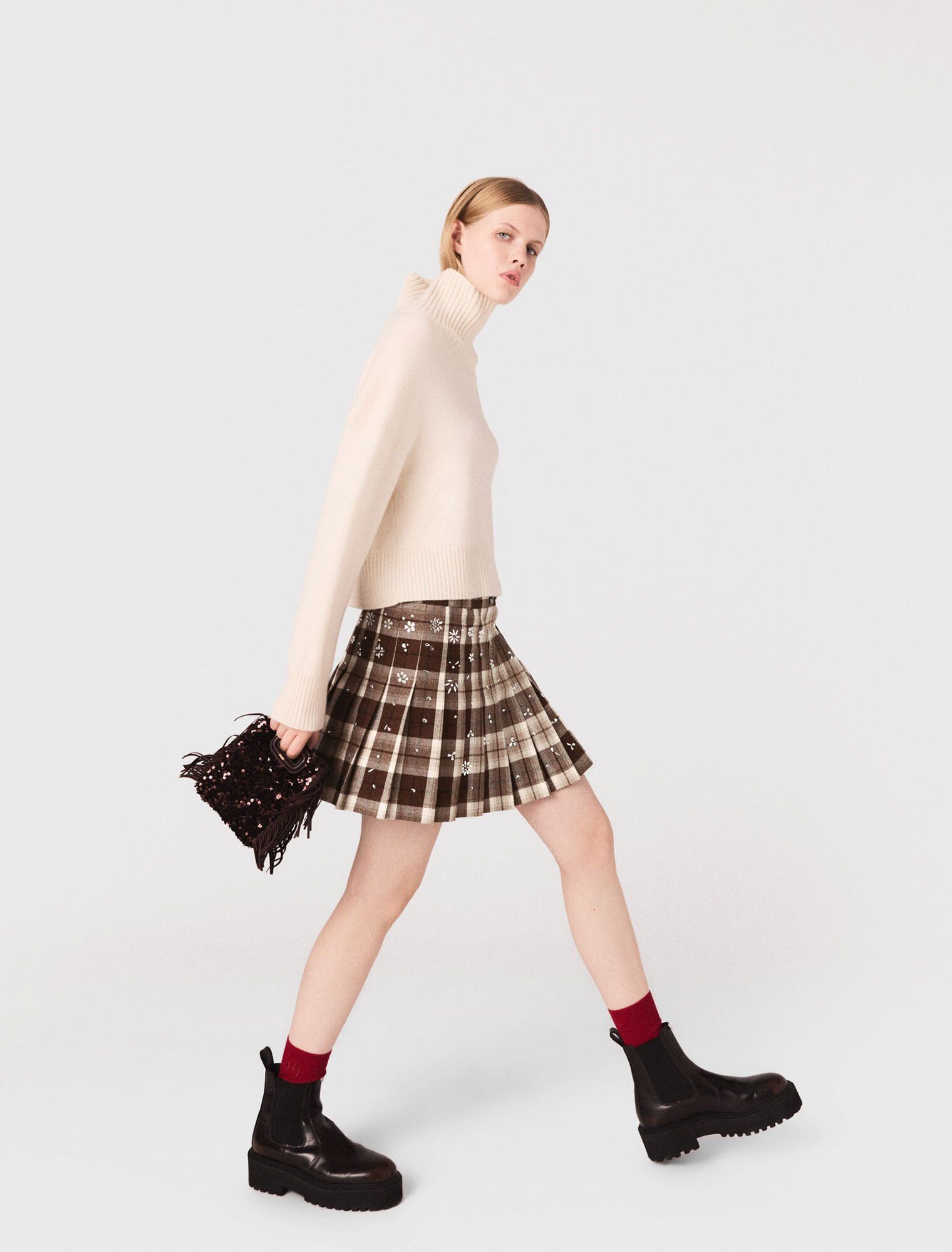Maje - Chân váy kilt caro đính pha lê