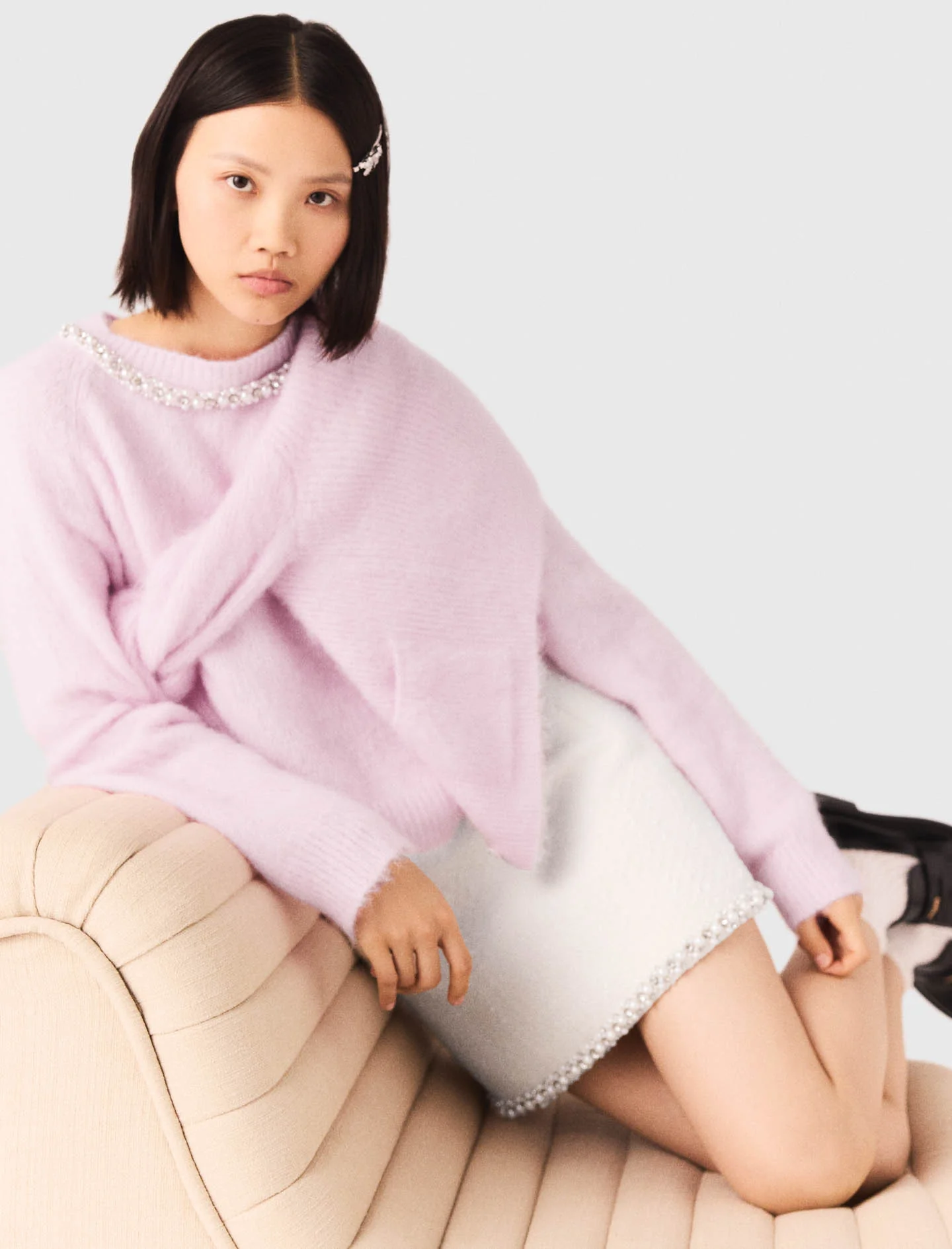 Maje - Chân váy tweed viền ngọc trai