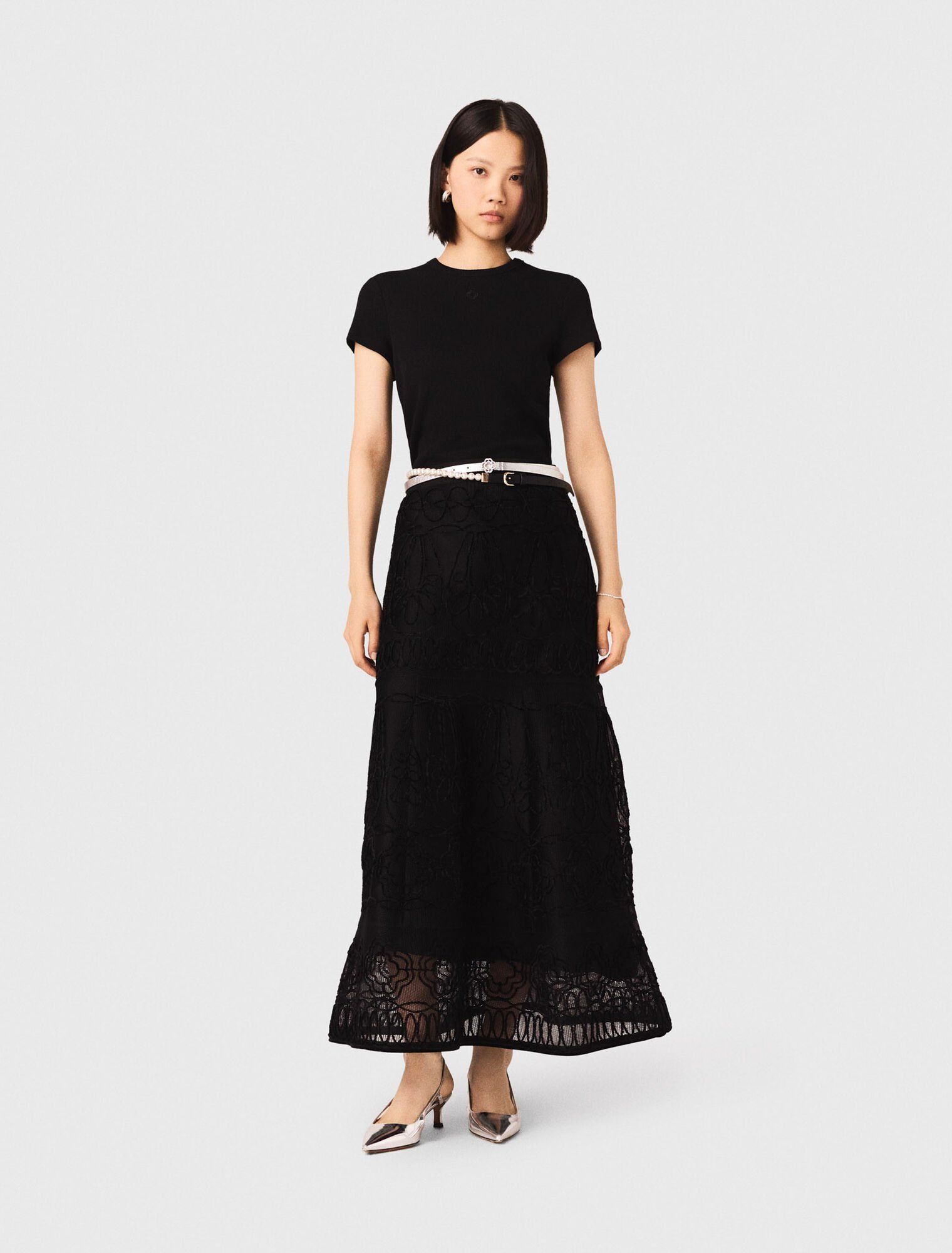 Chân váy knit dài thêu hoa