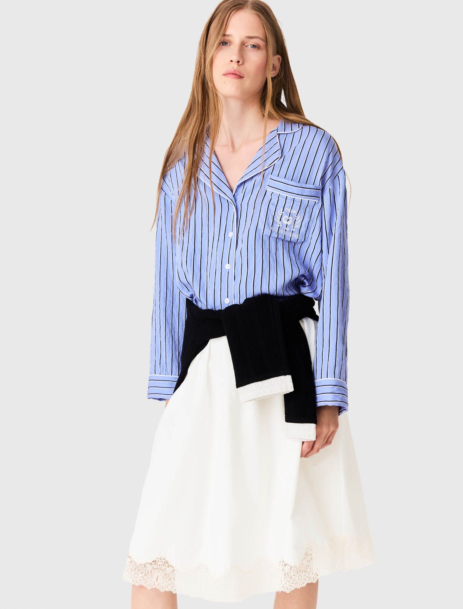 Maje - Chân váy midi cotton viền ren