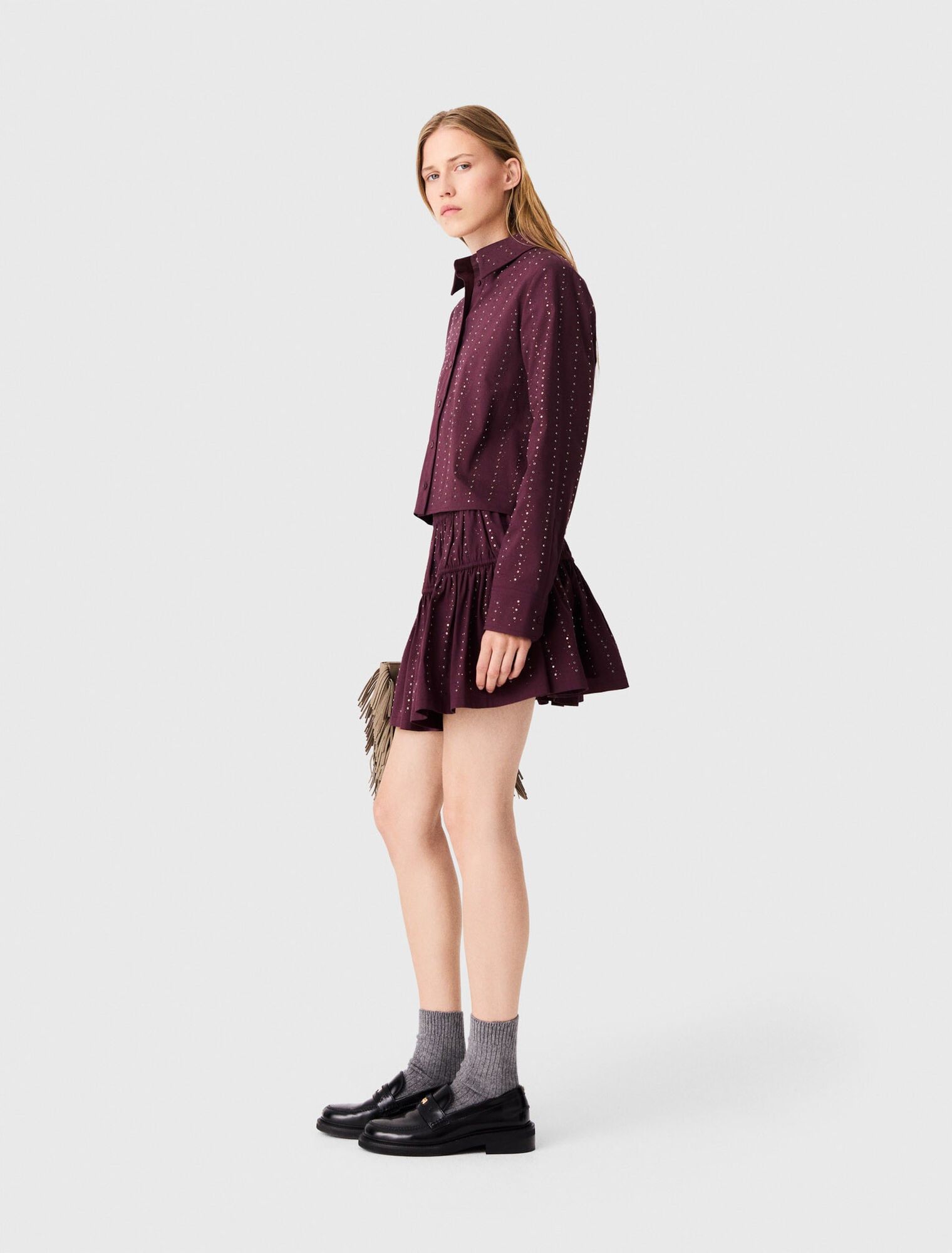 Maje - Chân váy cotton ngắn đính đá