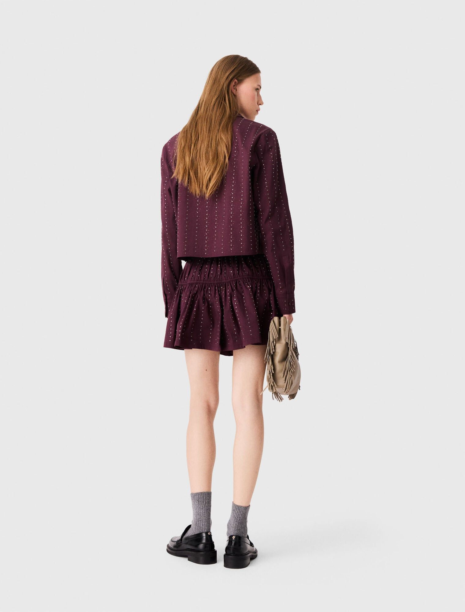 Maje - Chân váy cotton ngắn đính đá