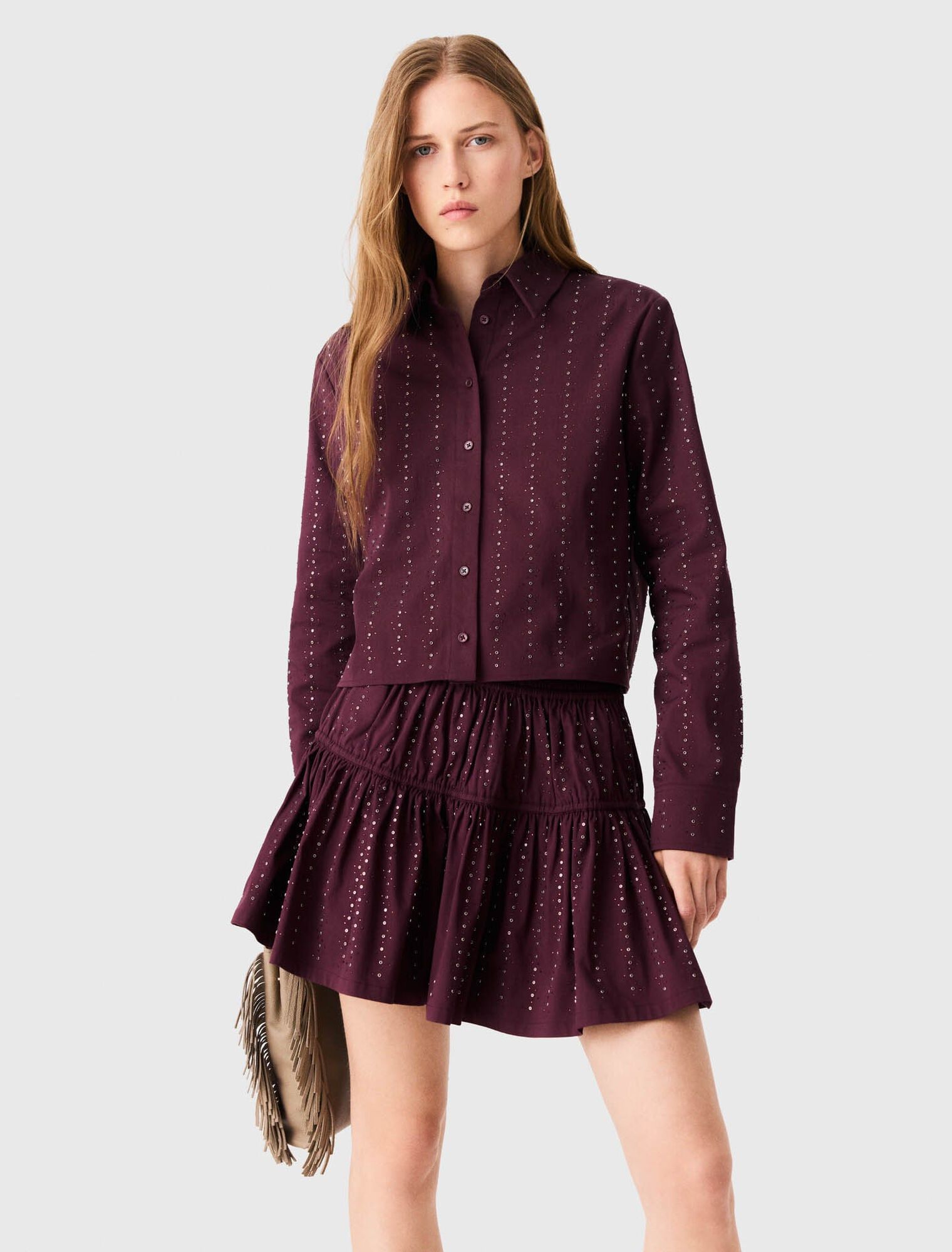 Maje - Chân váy cotton ngắn đính đá