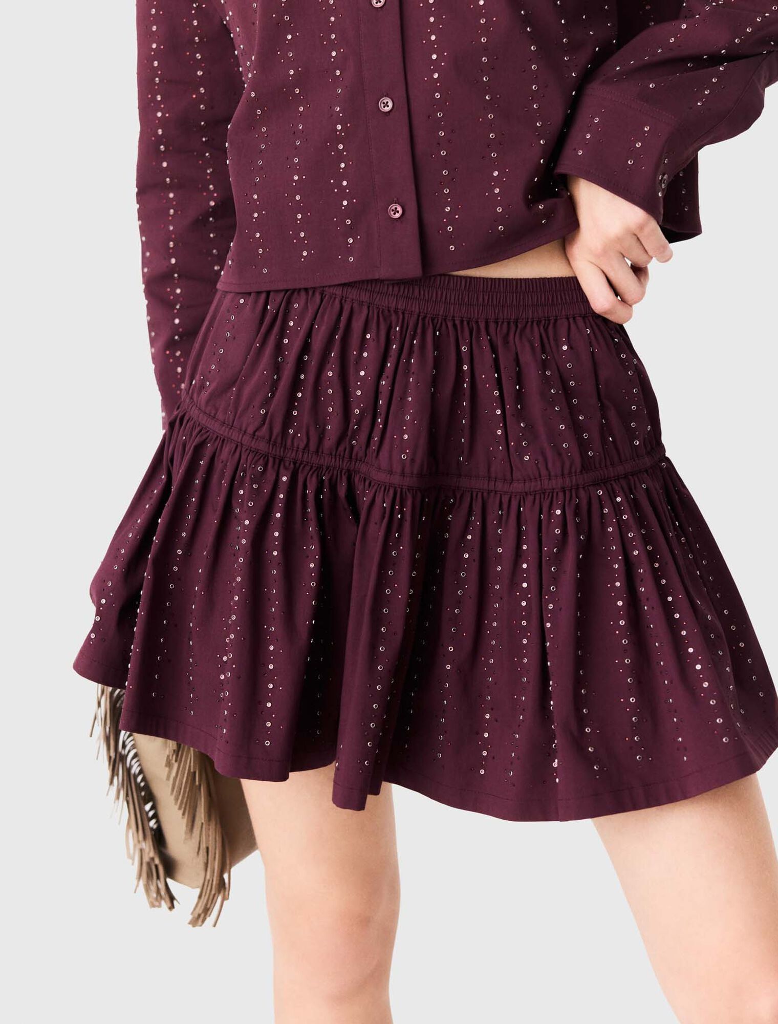 Maje - Chân váy cotton ngắn đính đá