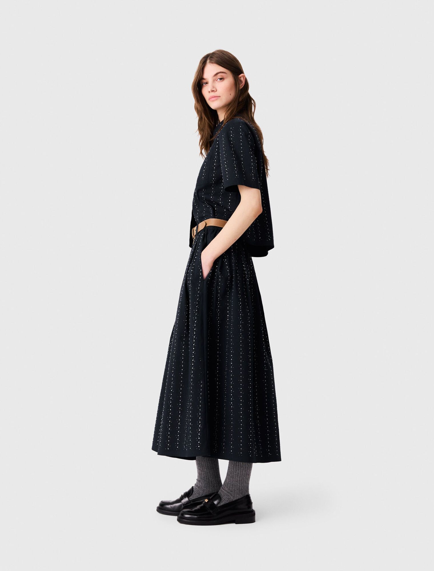 Maje - Chân váy dài cotton đính đá