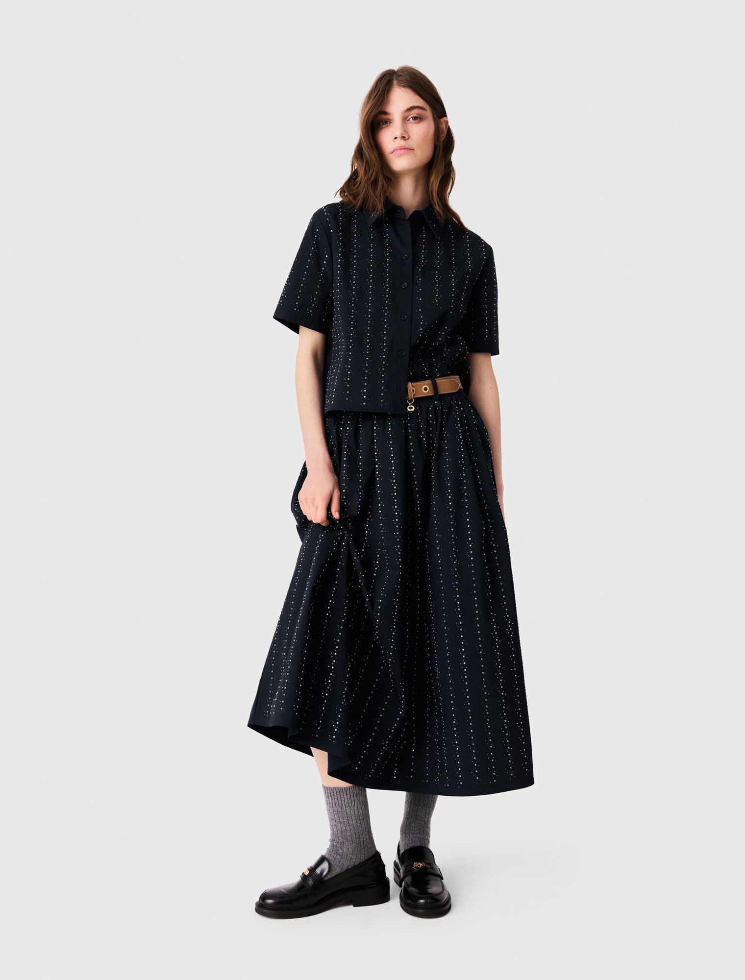 Maje - Chân váy dài cotton đính đá