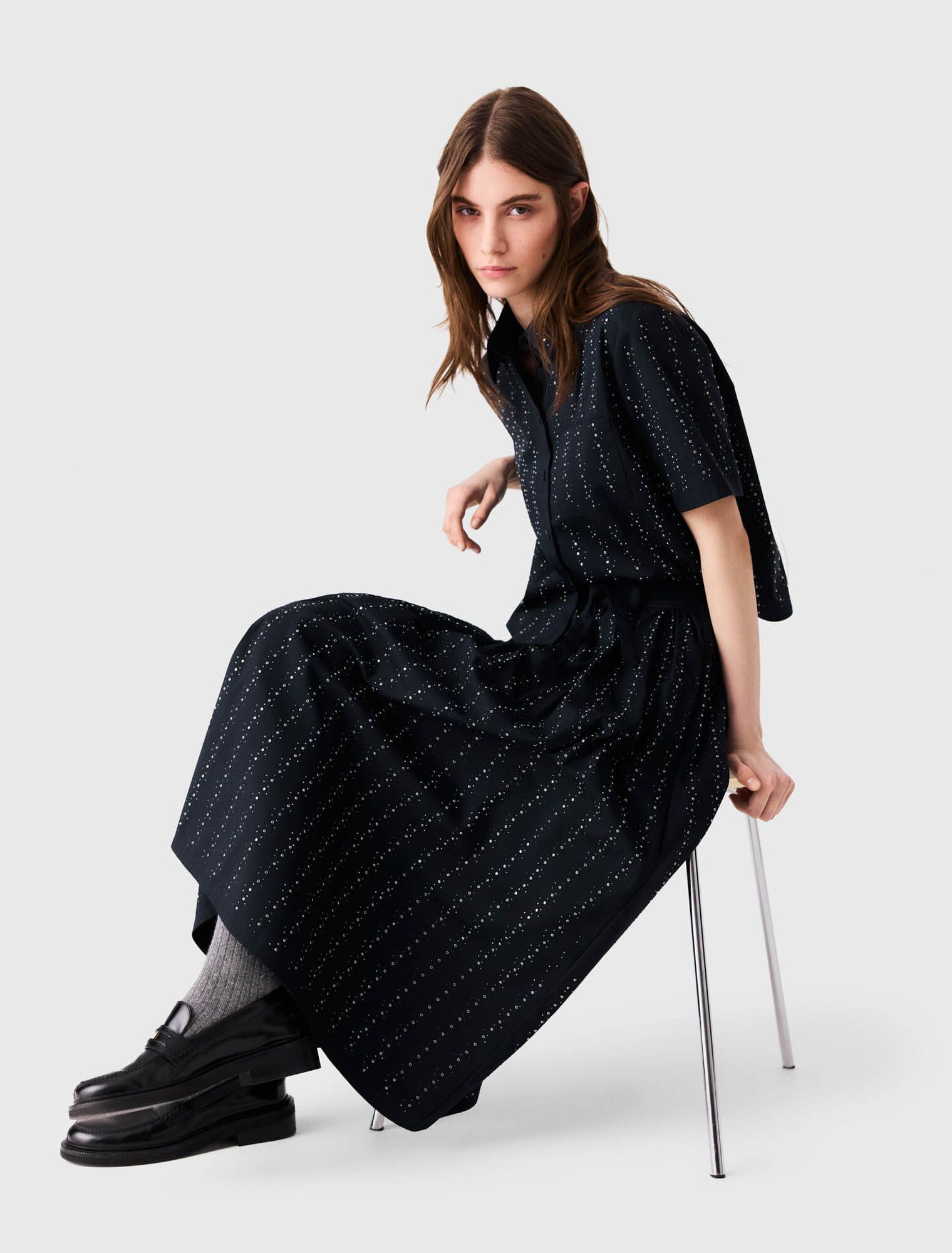 Maje - Chân váy dài cotton đính đá