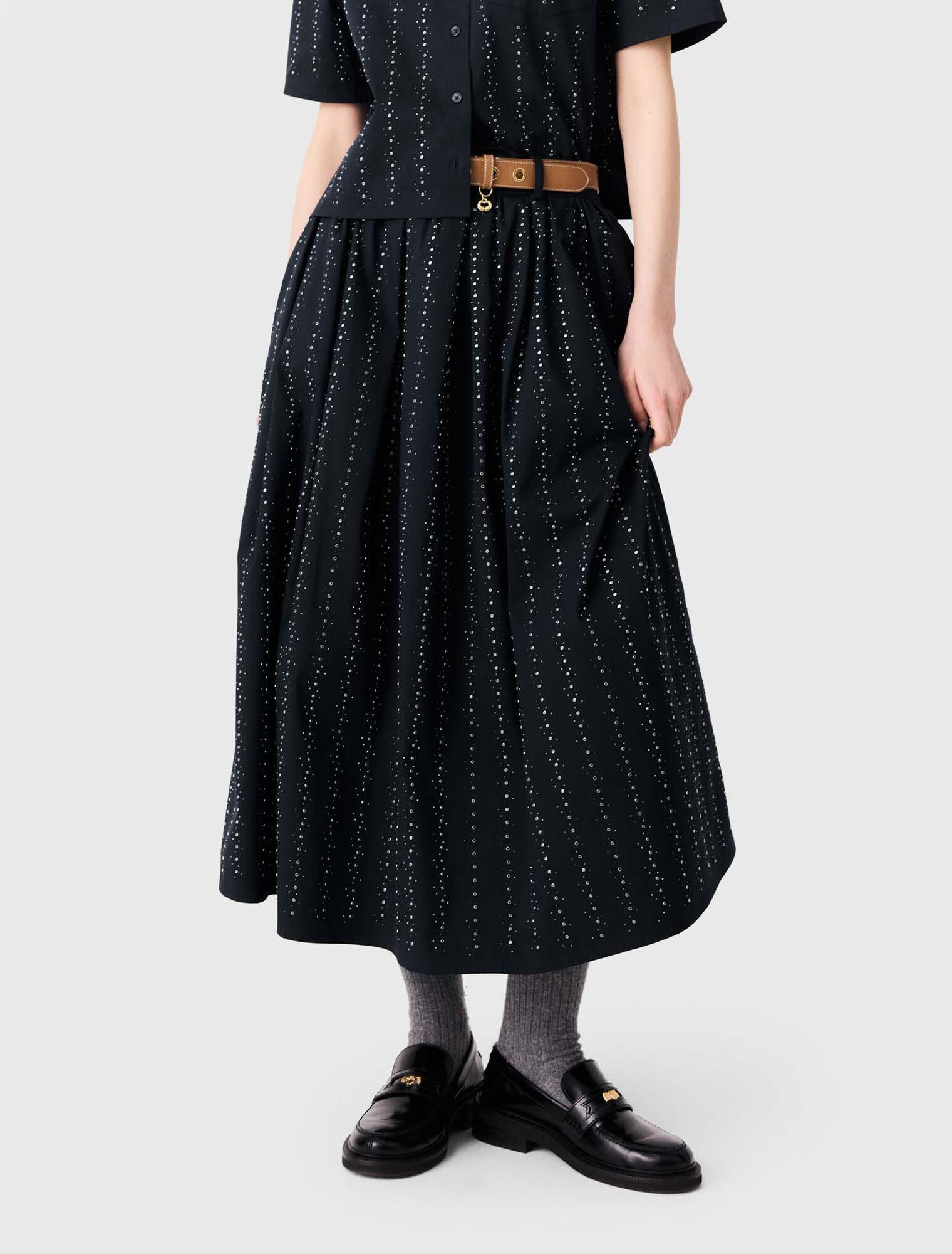 Maje - Chân váy dài cotton đính đá
