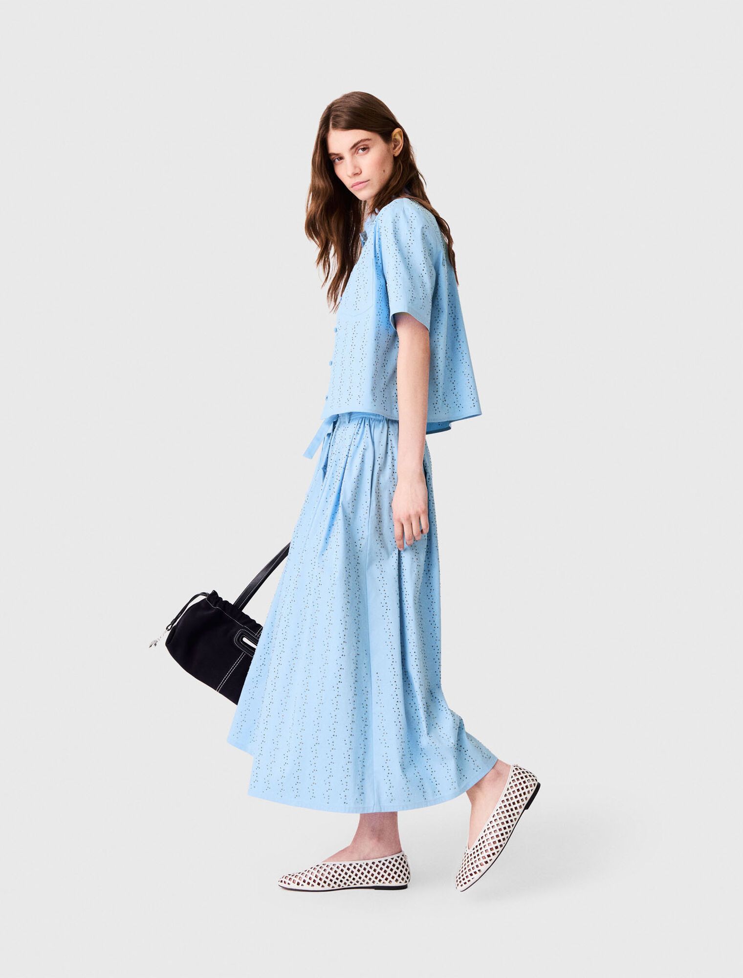 Maje - Chân váy dài cotton đính đá