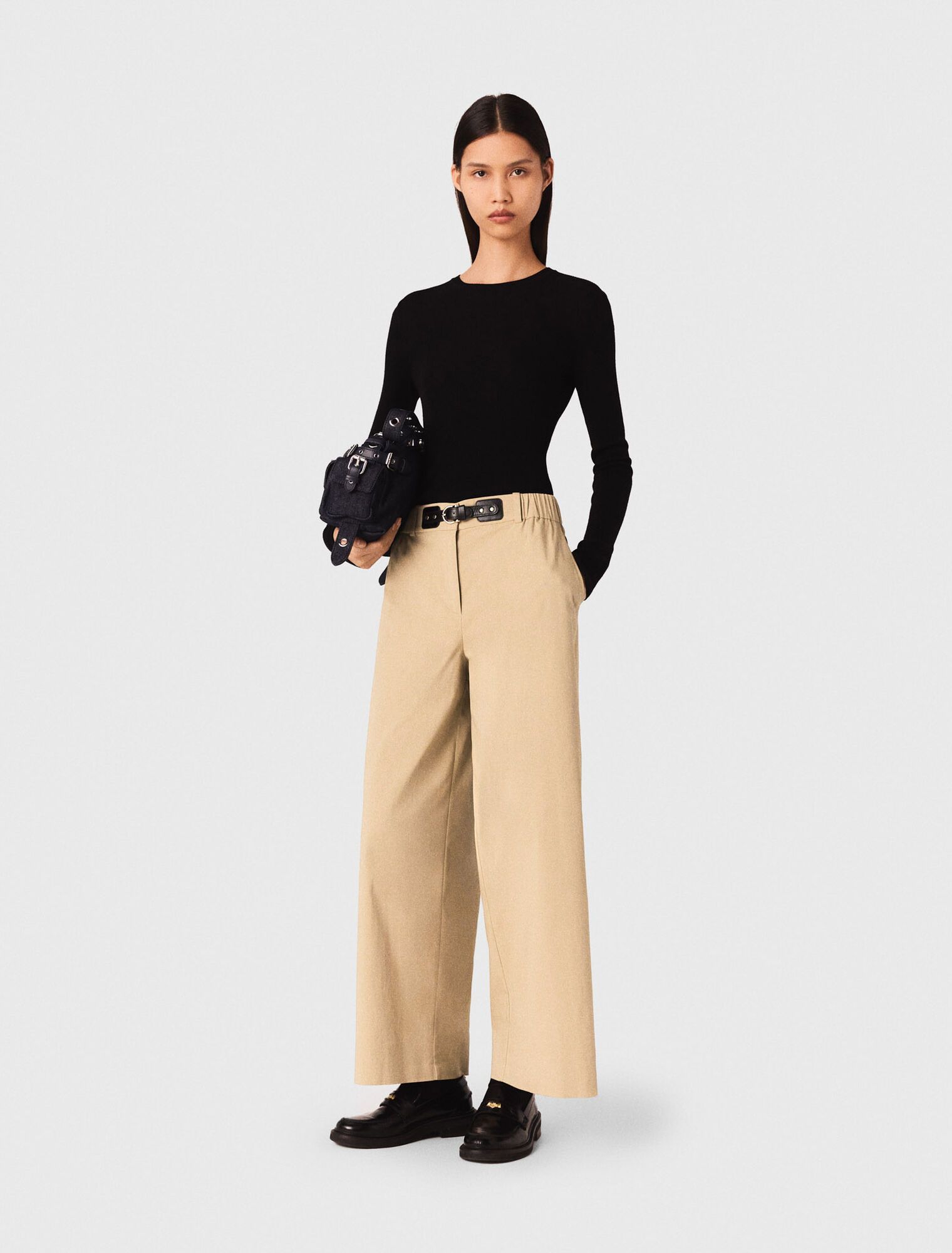 Maje - Quần âu cotton ống rộng phối thắt lưng