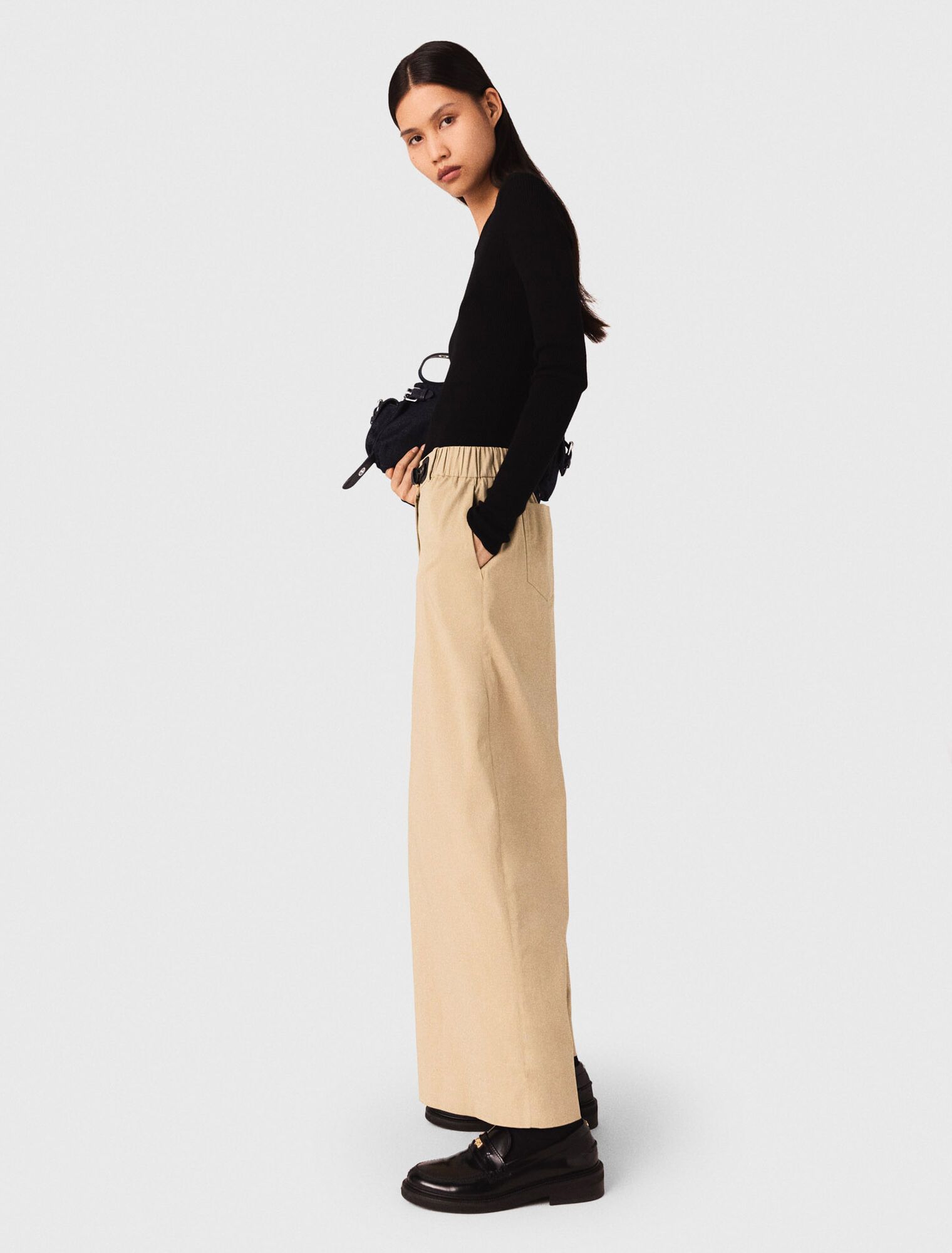 Maje - Quần âu cotton ống rộng phối thắt lưng