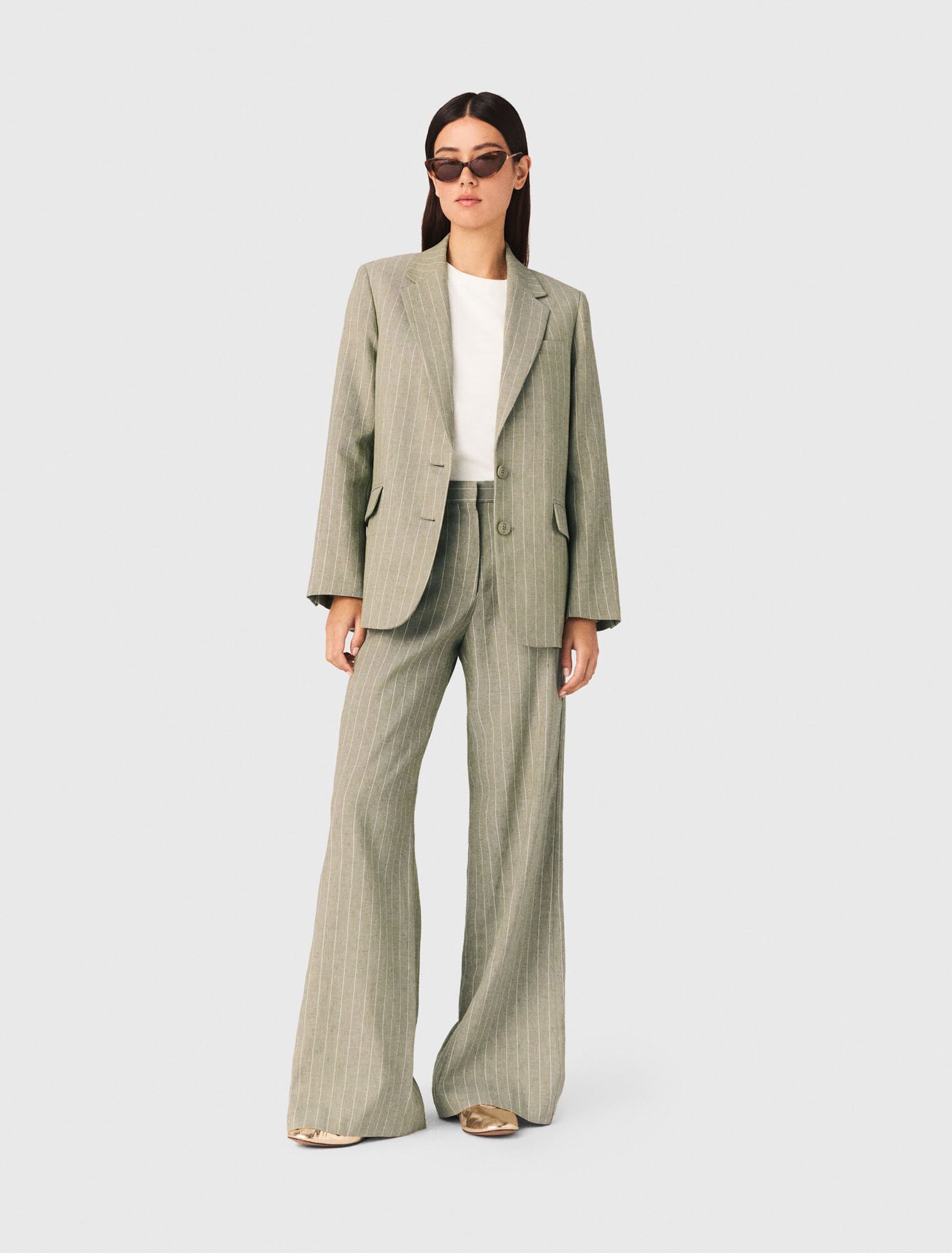 Maje - Quần linen kẻ sọc ống rộng