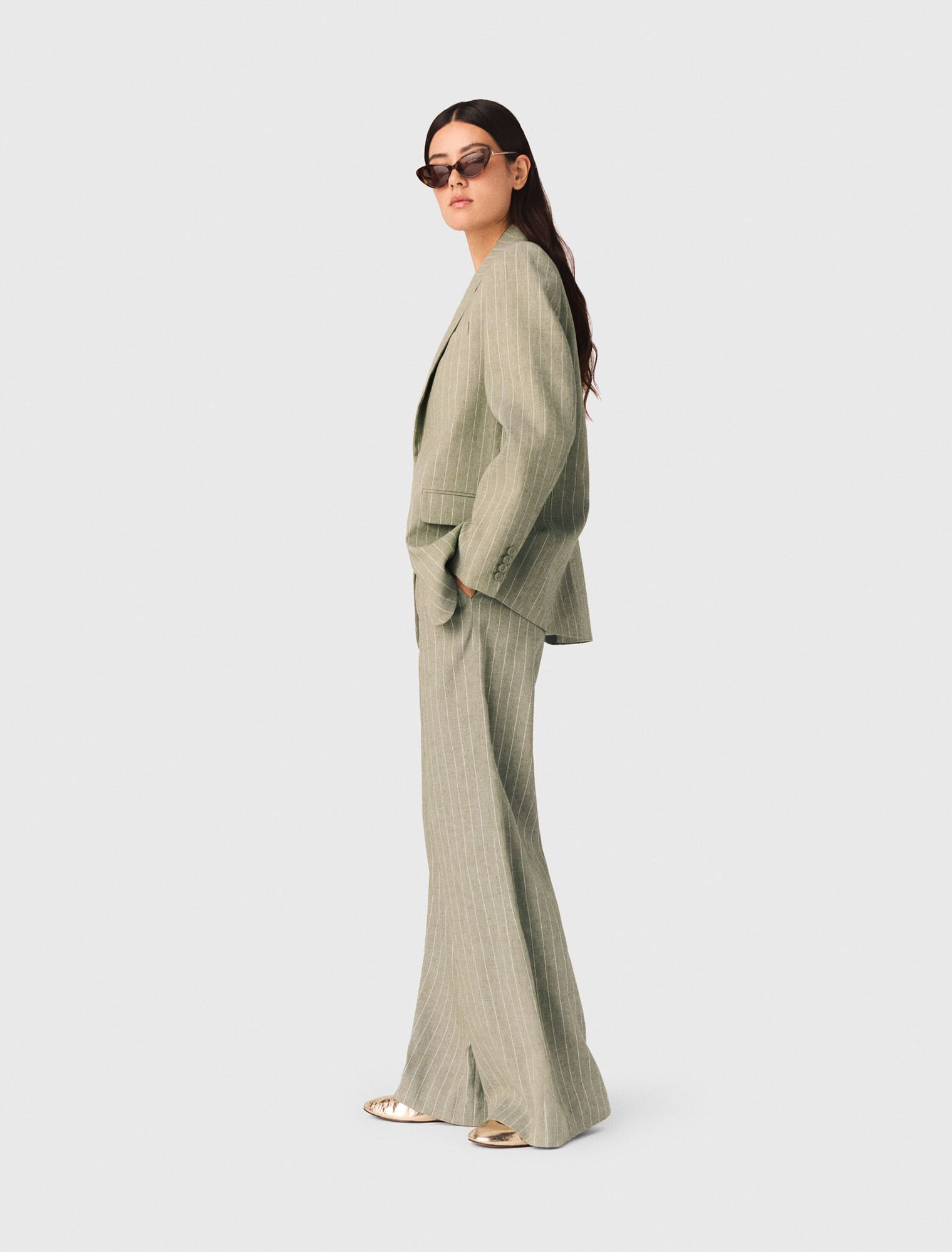 Maje - Quần linen kẻ sọc ống rộng