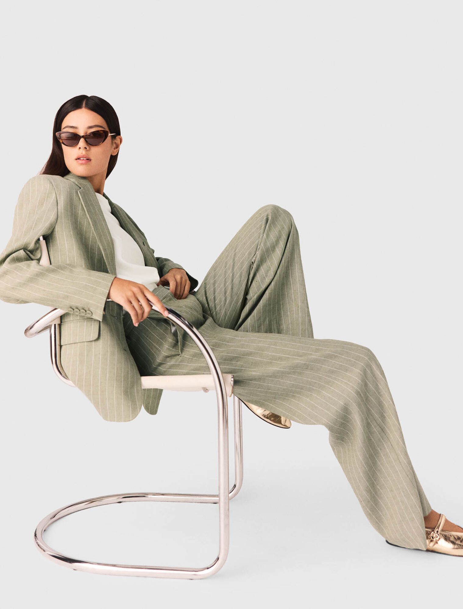 Maje - Quần linen kẻ sọc ống rộng