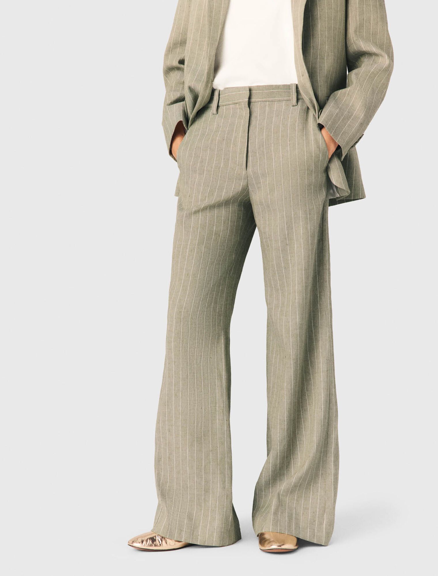 Maje - Quần linen kẻ sọc ống rộng