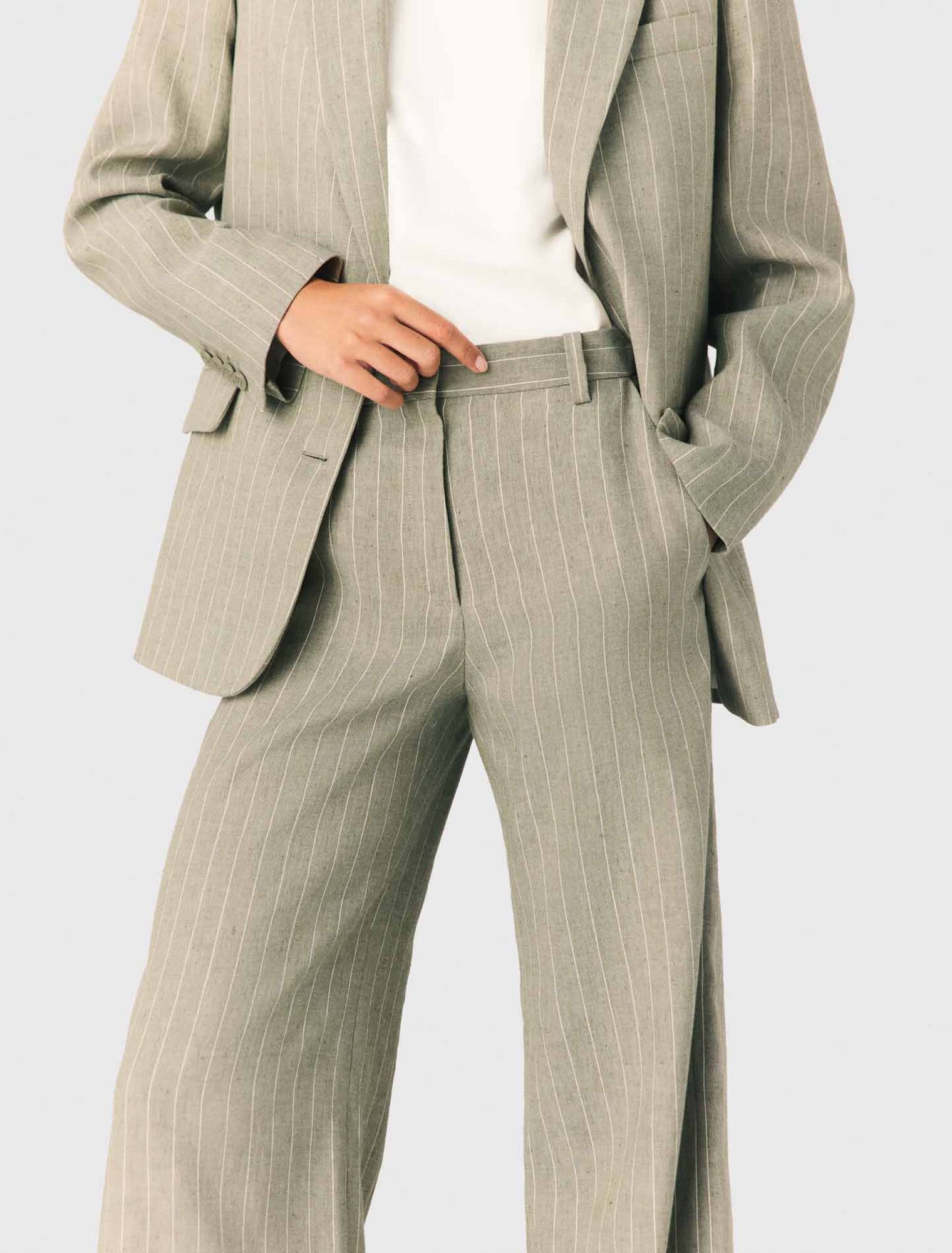 Maje - Quần linen kẻ sọc ống rộng