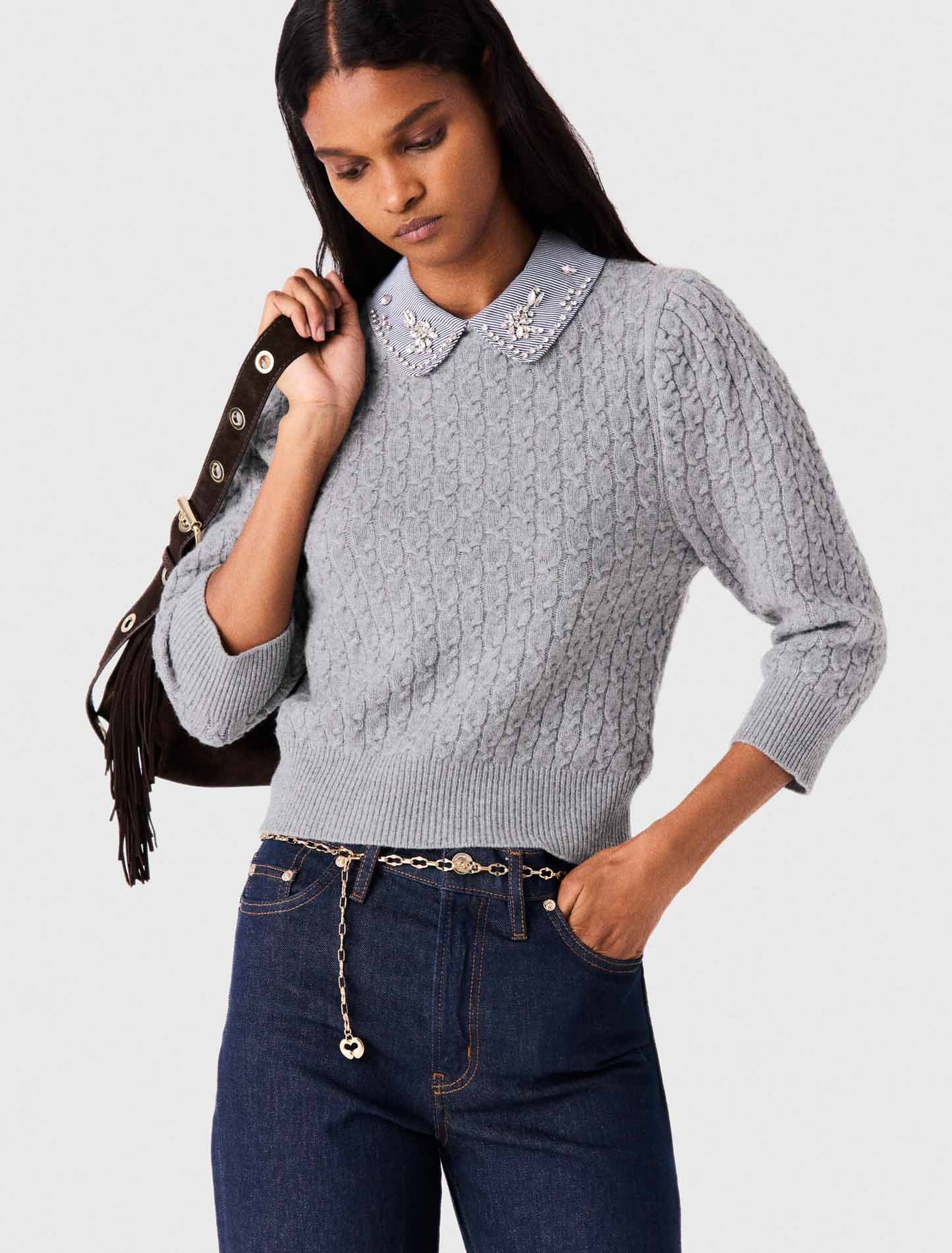 Áo len cổ poplin tháo rời