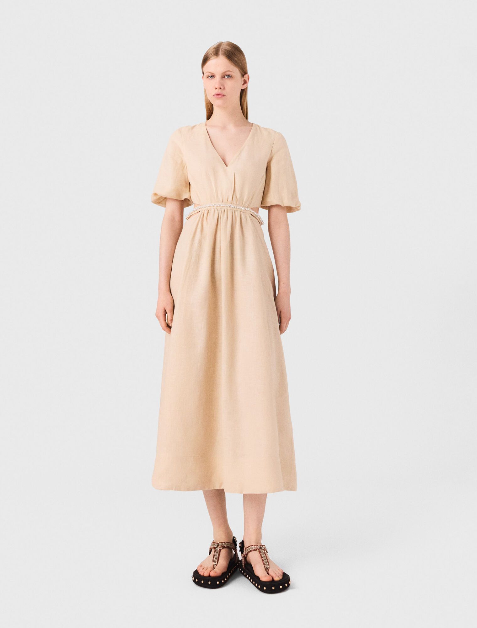 Maje - Đầm dài linen tay bồng cut-out lưng
