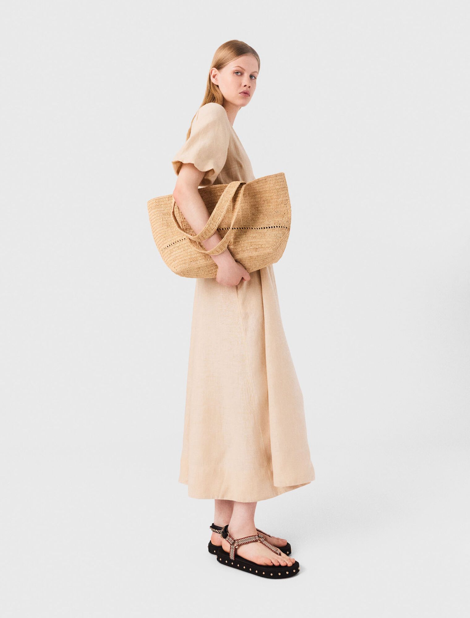 Maje - Đầm dài linen tay bồng cut-out lưng