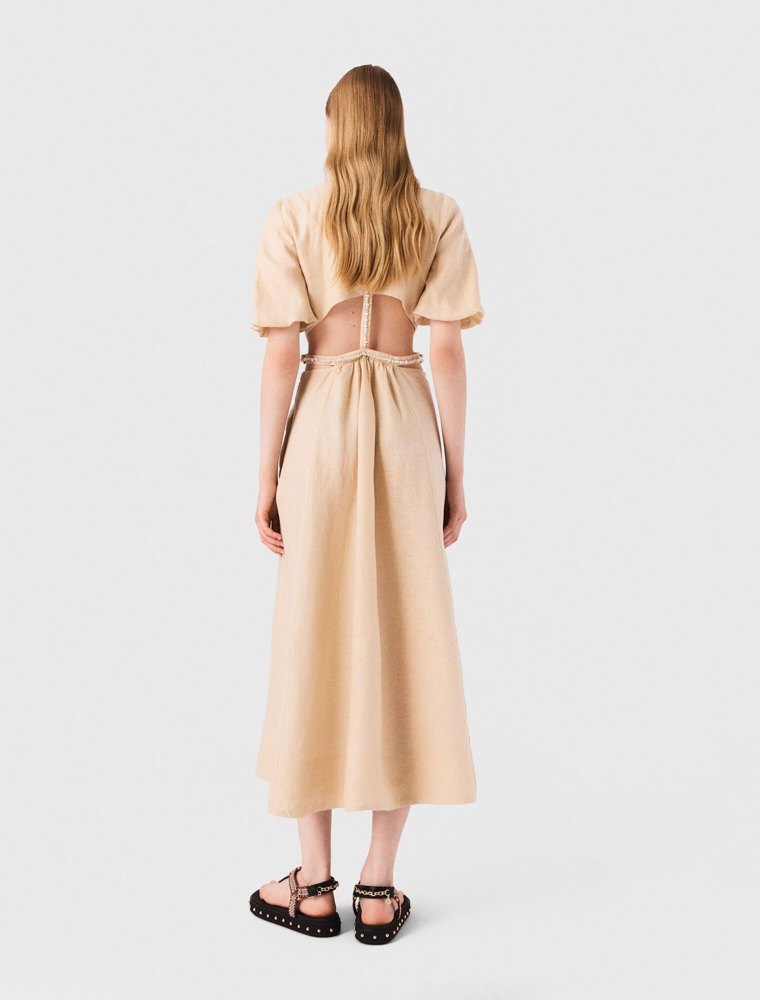Maje - Đầm dài linen tay bồng cut-out lưng